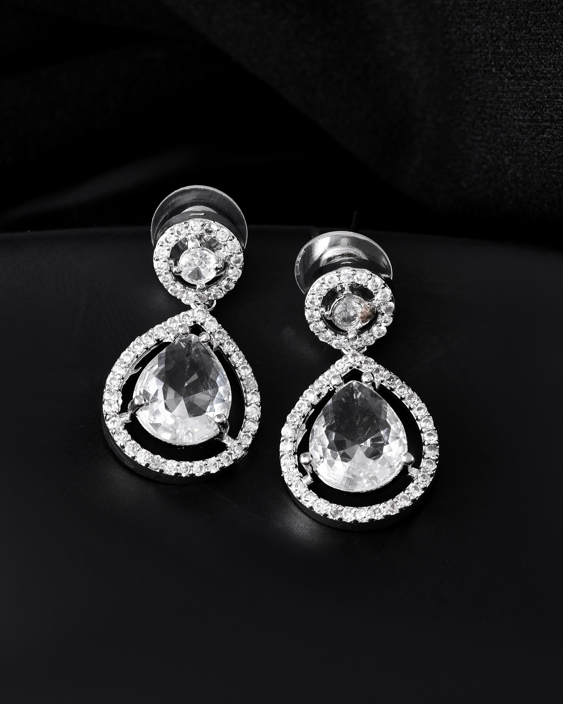 VOJ Silver Plated Stone Studded Teardrop Shaped Earrings - Swadesiicart