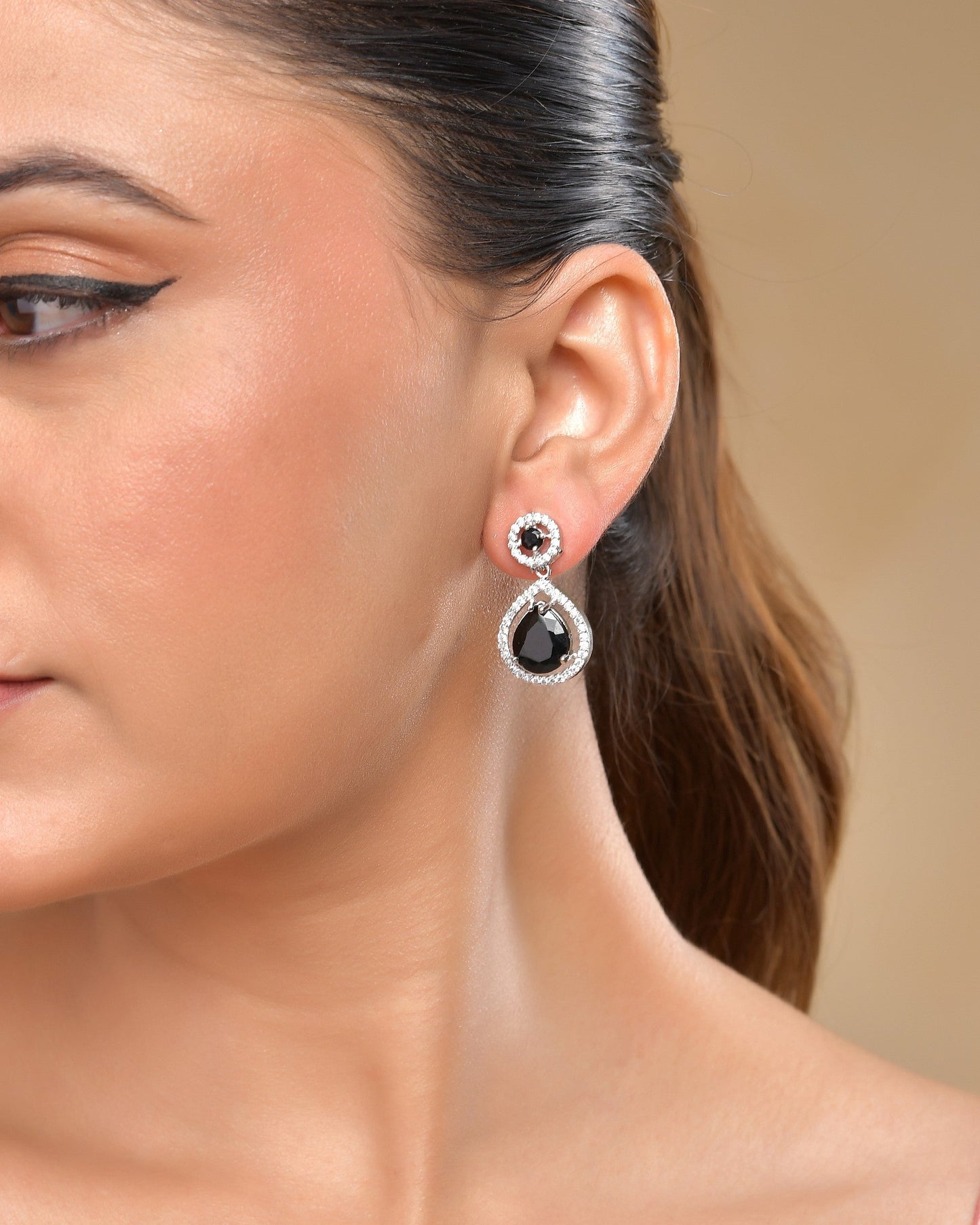 VOJ Silver Plated Black Stone Studded Teardrop Shaped Earrings - Swadesiicart