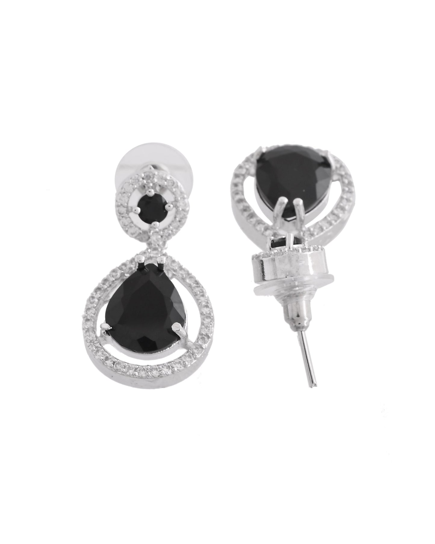 VOJ Silver Plated Black Stone Studded Teardrop Shaped Earrings - Swadesiicart