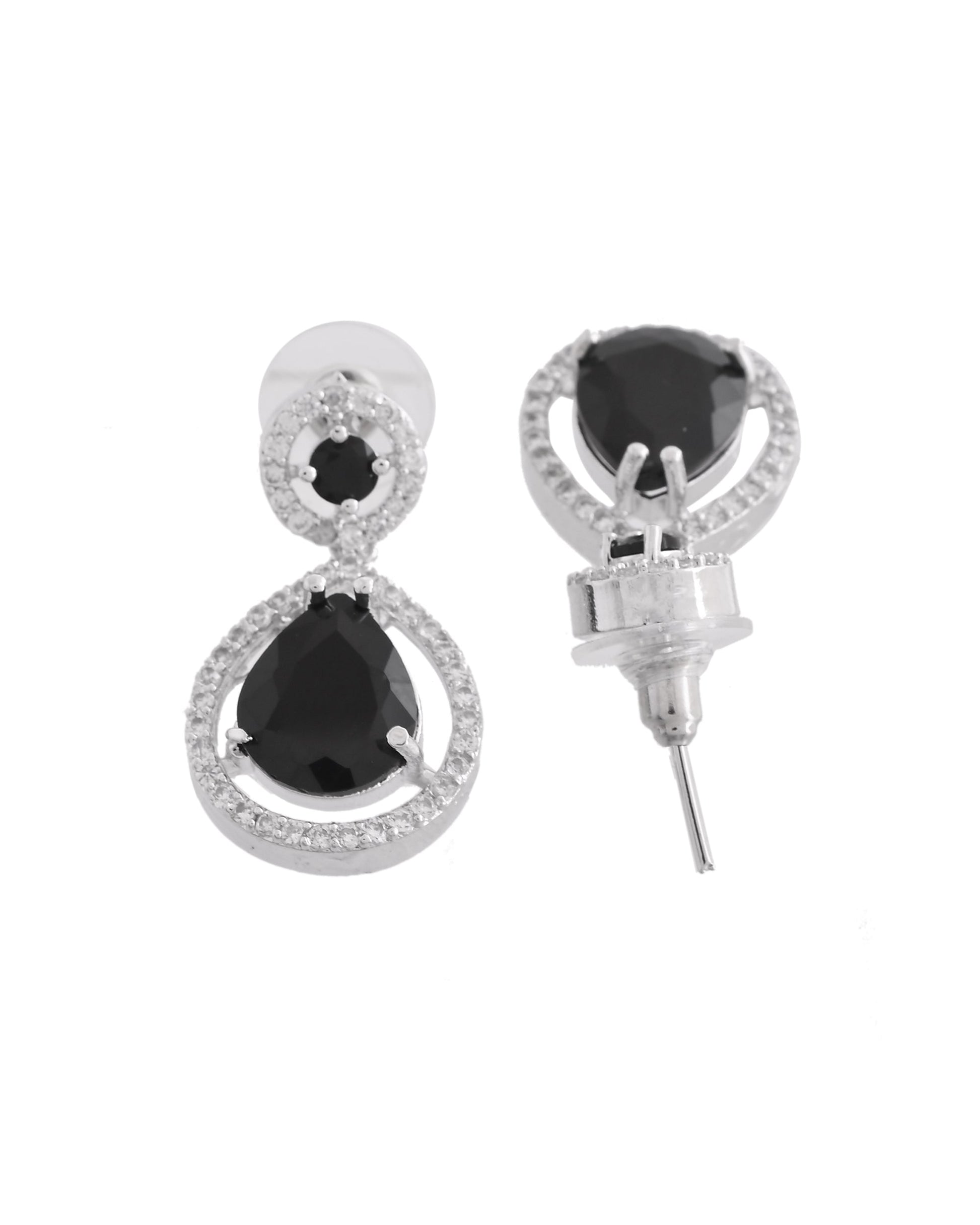 VOJ Silver Plated Black Stone Studded Teardrop Shaped Earrings - Swadesiicart