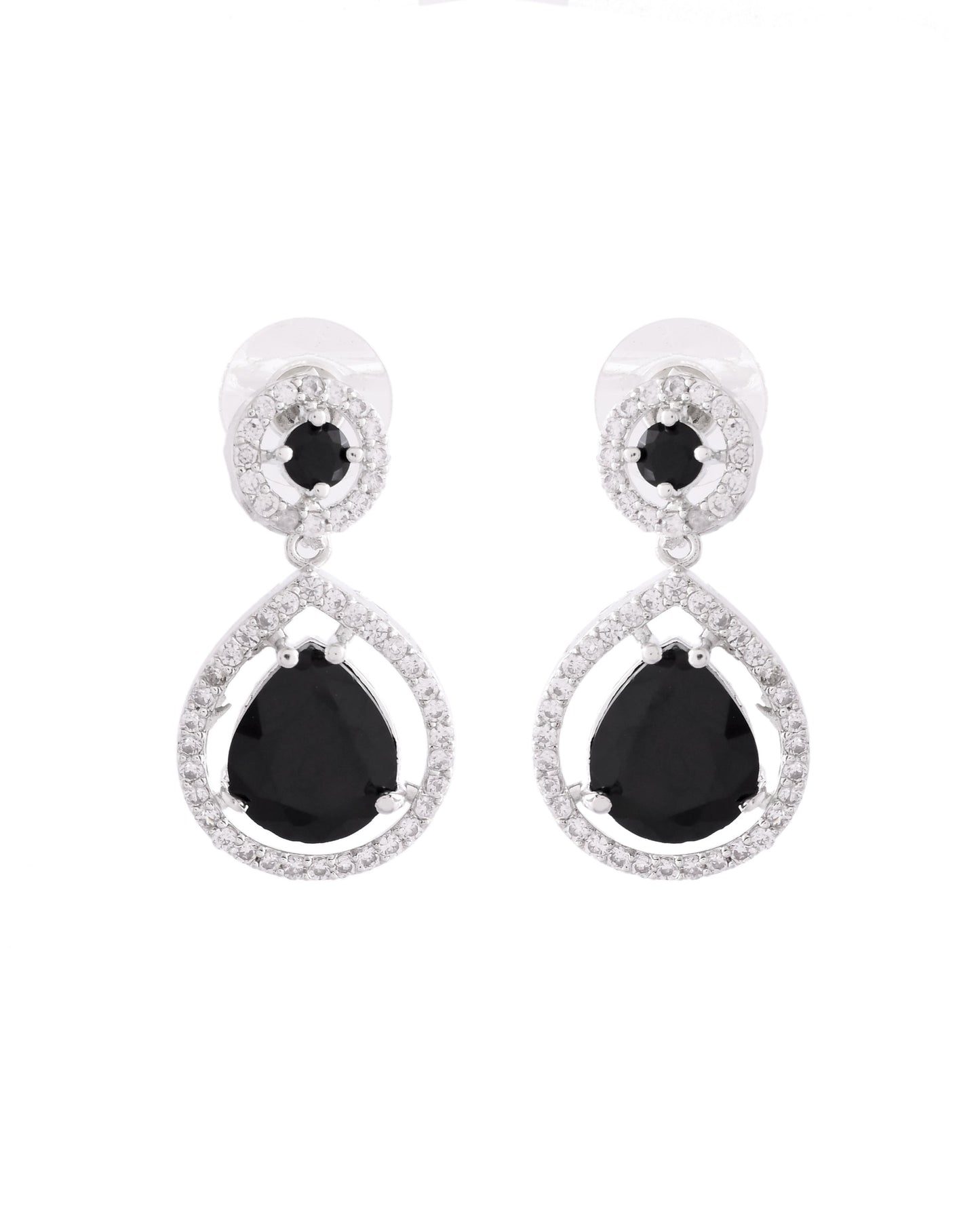 VOJ Silver Plated Black Stone Studded Teardrop Shaped Earrings - Swadesiicart