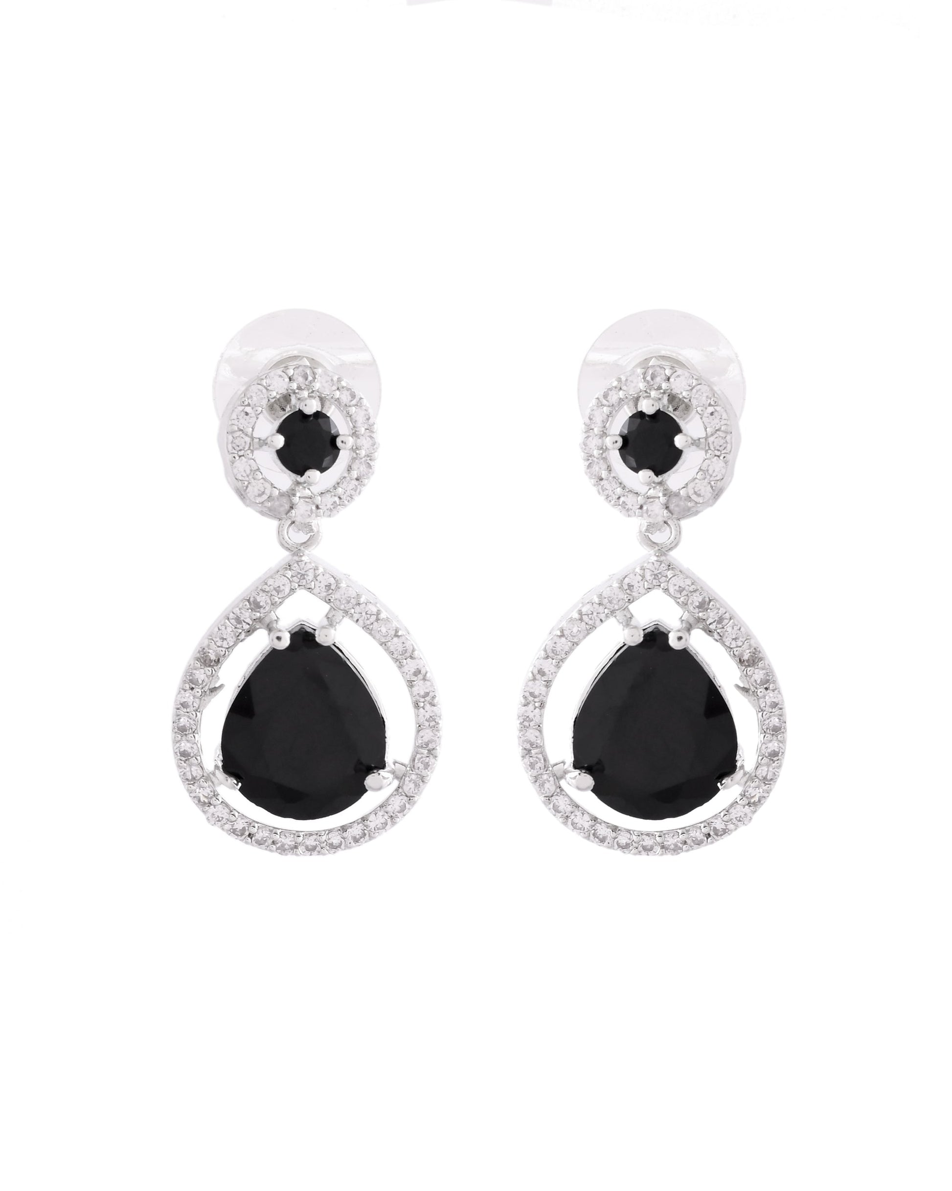 VOJ Silver Plated Black Stone Studded Teardrop Shaped Earrings - Swadesiicart
