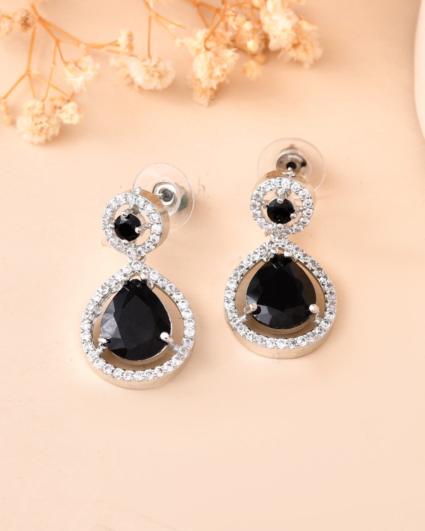 VOJ Silver Plated Black Stone Studded Teardrop Shaped Earrings - Swadesiicart