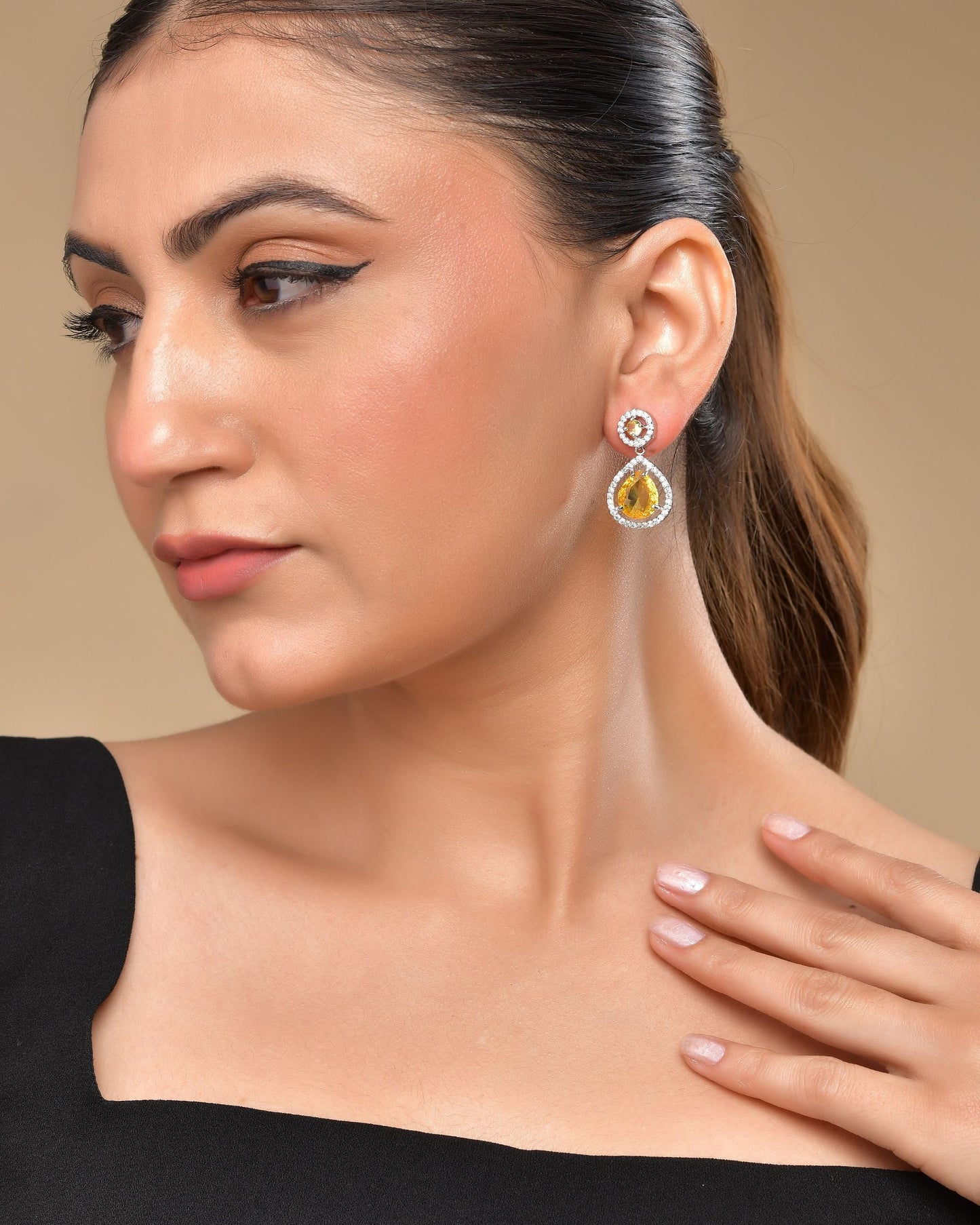 VOJ Silver Plated Yellow Stone Studded Teardrop Shaped Earrings - Swadesiicart