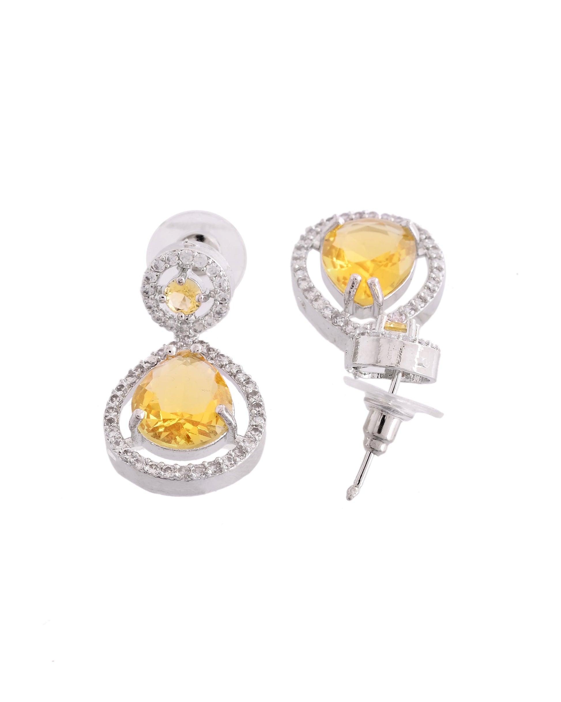 VOJ Silver Plated Yellow Stone Studded Teardrop Shaped Earrings - Swadesiicart