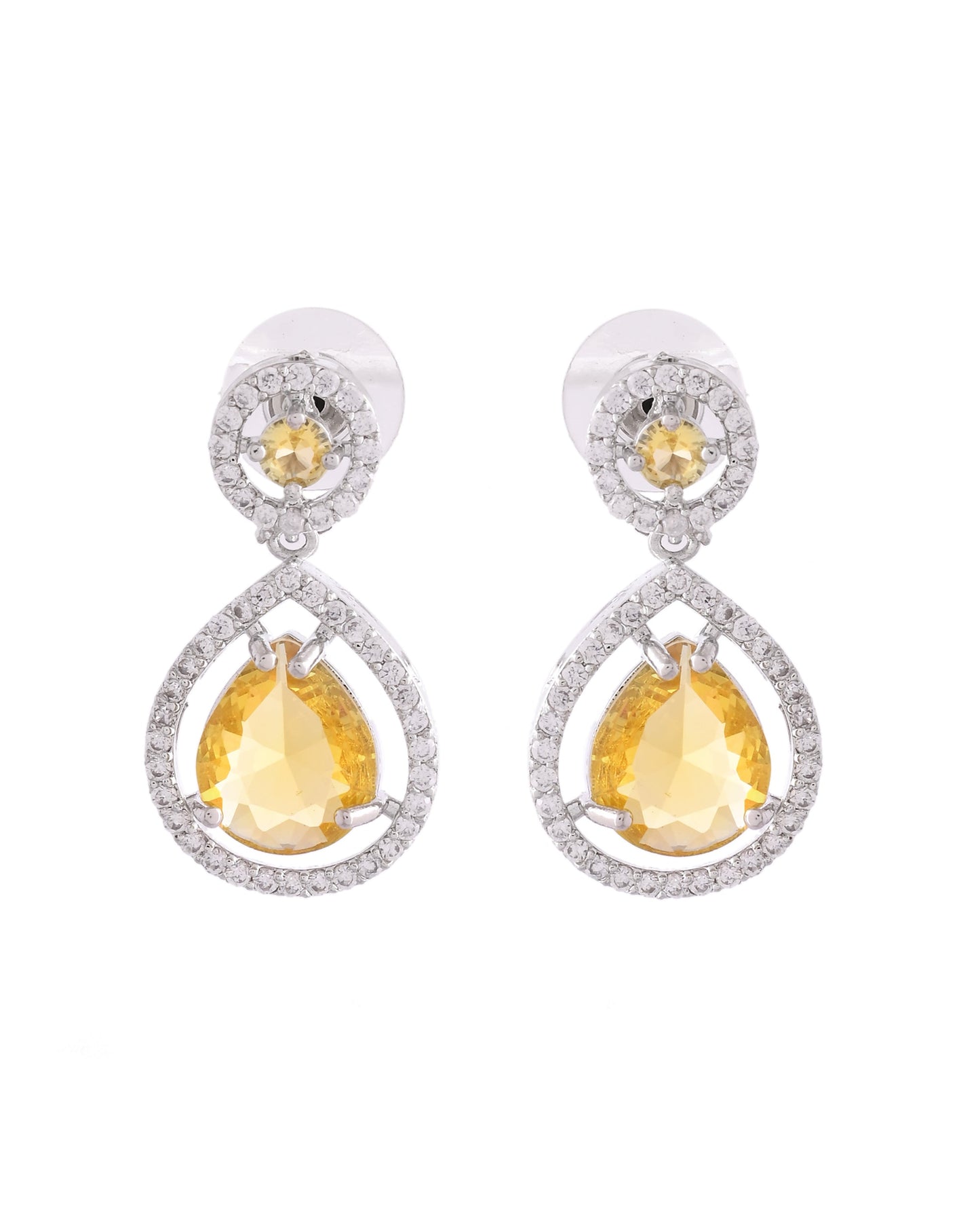 VOJ Silver Plated Yellow Stone Studded Teardrop Shaped Earrings - Swadesiicart