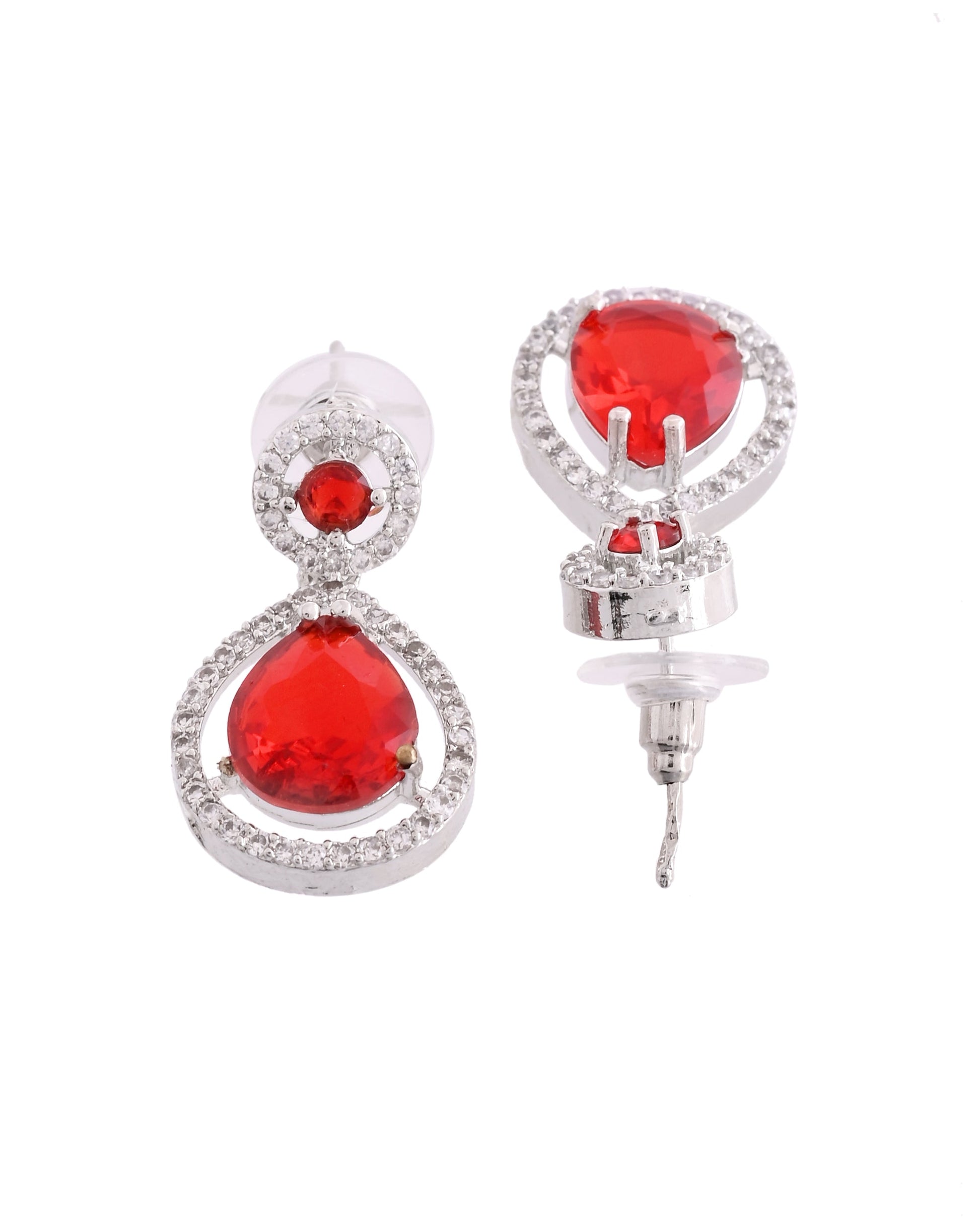 VOJ Silver Plated Red Stone Studded Teardrop Shaped Earrings - Swadesiicart