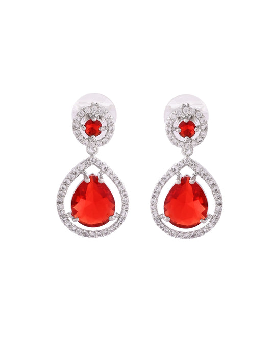VOJ Silver Plated Red Stone Studded Teardrop Shaped Earrings - Swadesiicart