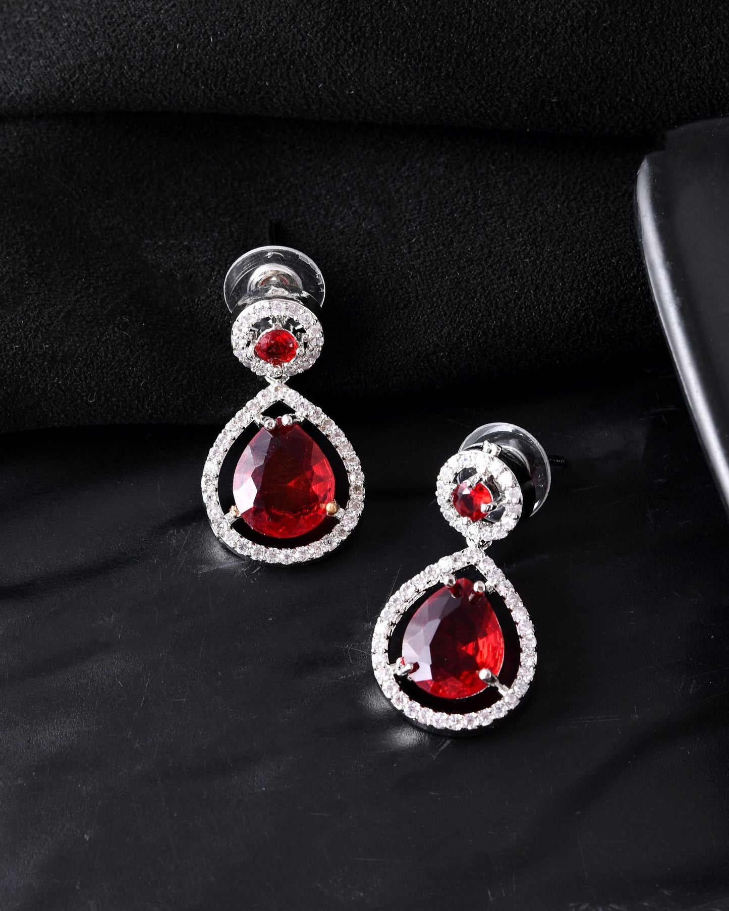 VOJ Silver Plated Red Stone Studded Teardrop Shaped Earrings - Swadesiicart