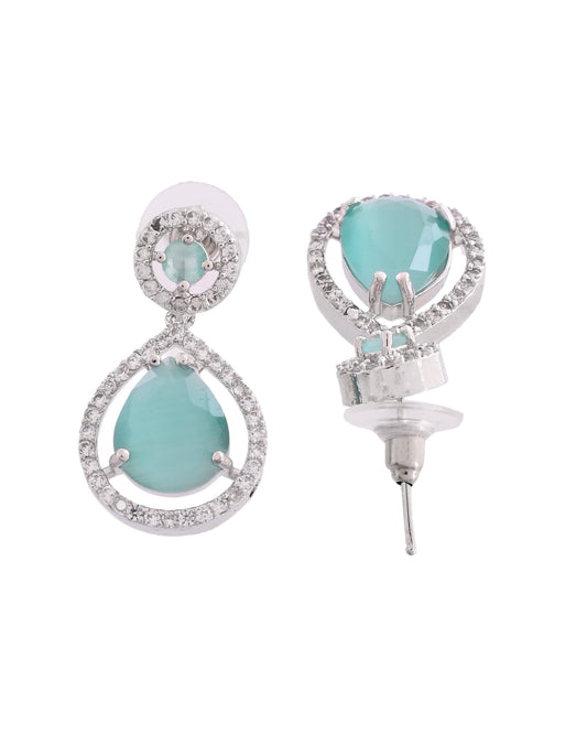 VOJ Silver Plated Sea Green Stone Studded Teardrop Shaped Earrings - Swadesiicart