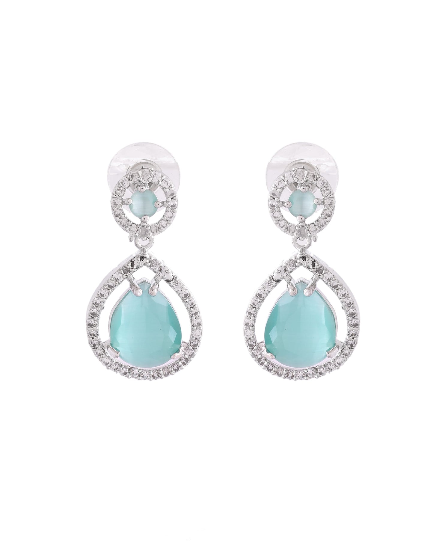 VOJ Silver Plated Sea Green Stone Studded Teardrop Shaped Earrings - Swadesiicart