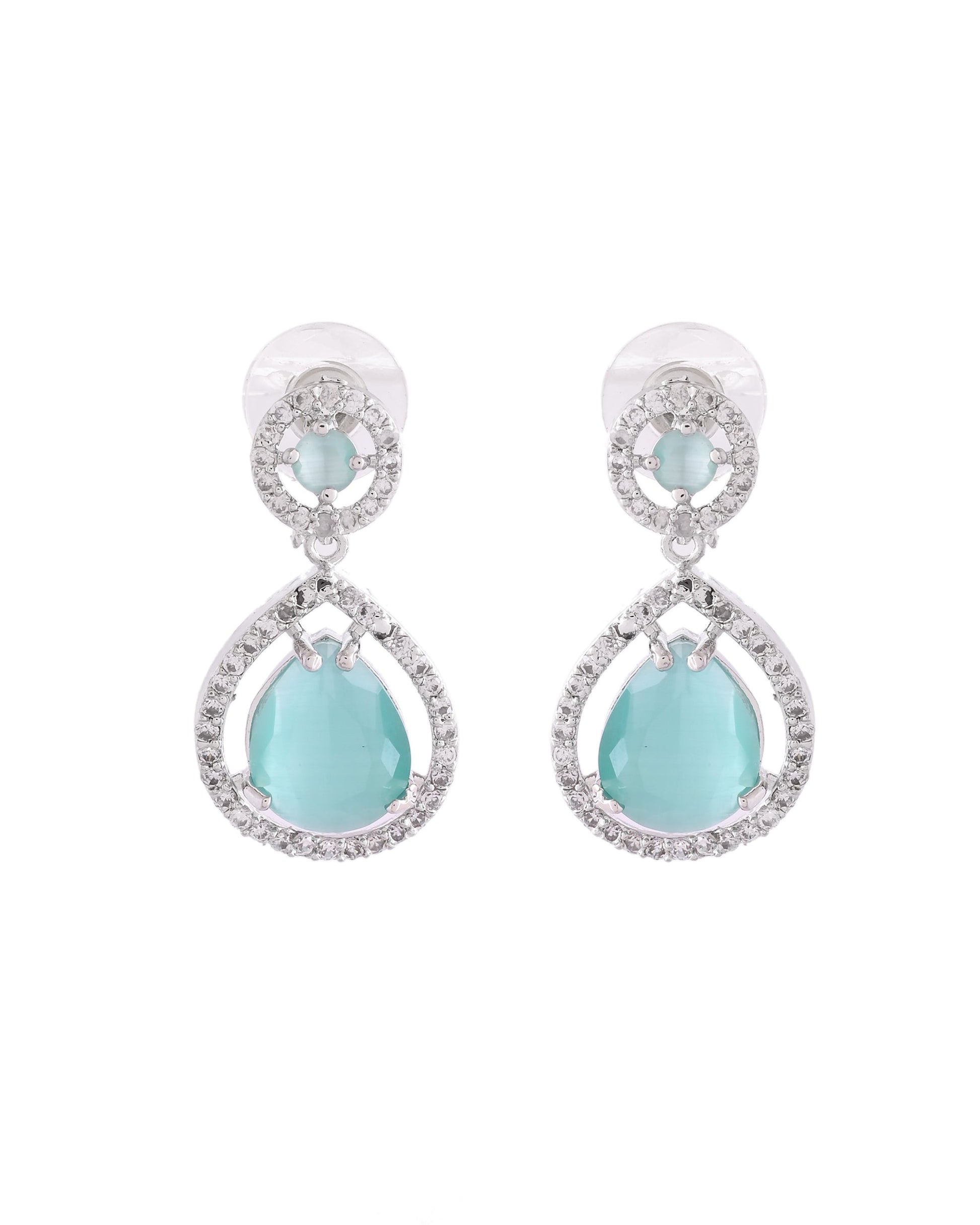 VOJ Silver Plated Sea Green Stone Studded Teardrop Shaped Earrings - Swadesiicart