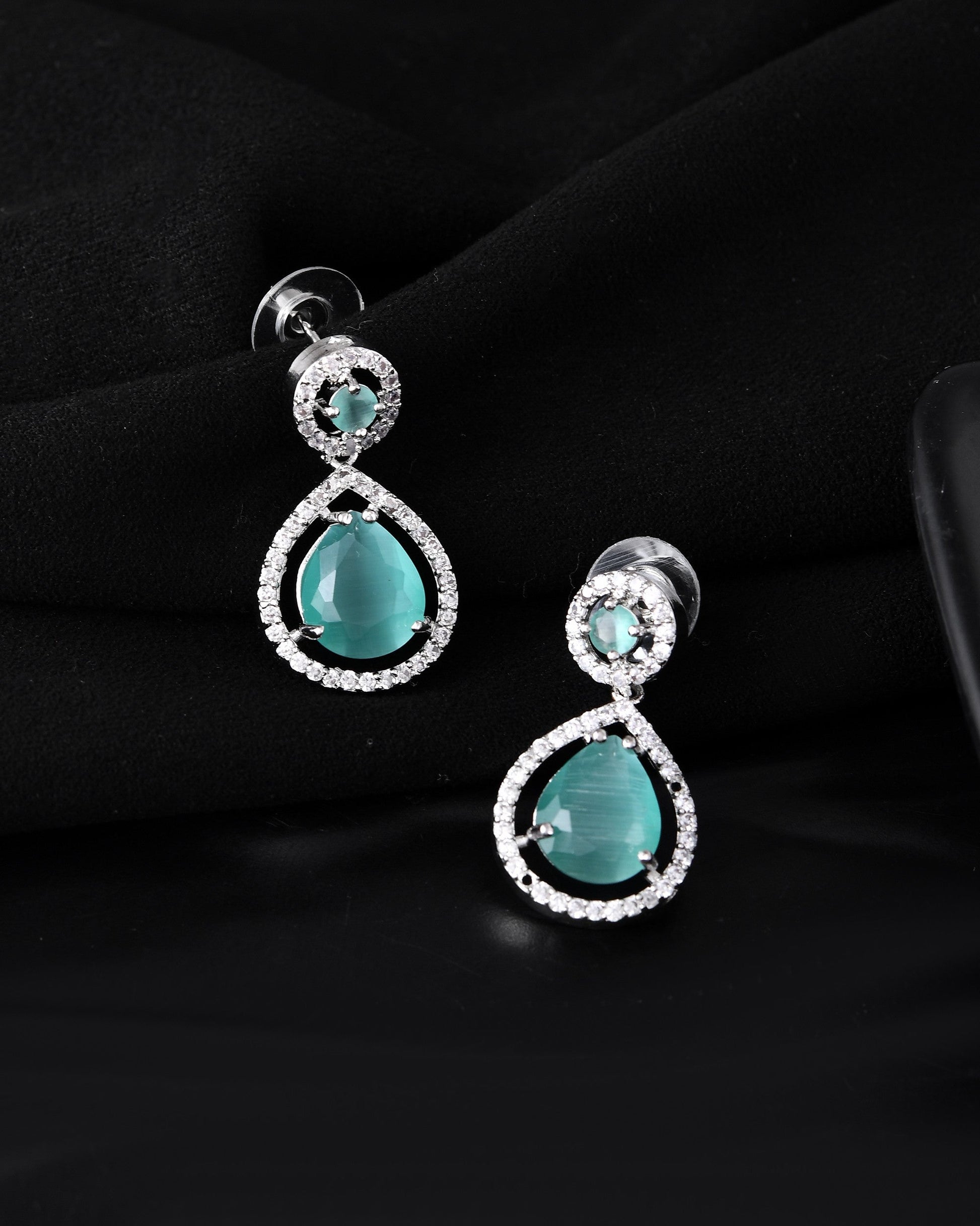 VOJ Silver Plated Sea Green Stone Studded Teardrop Shaped Earrings - Swadesiicart