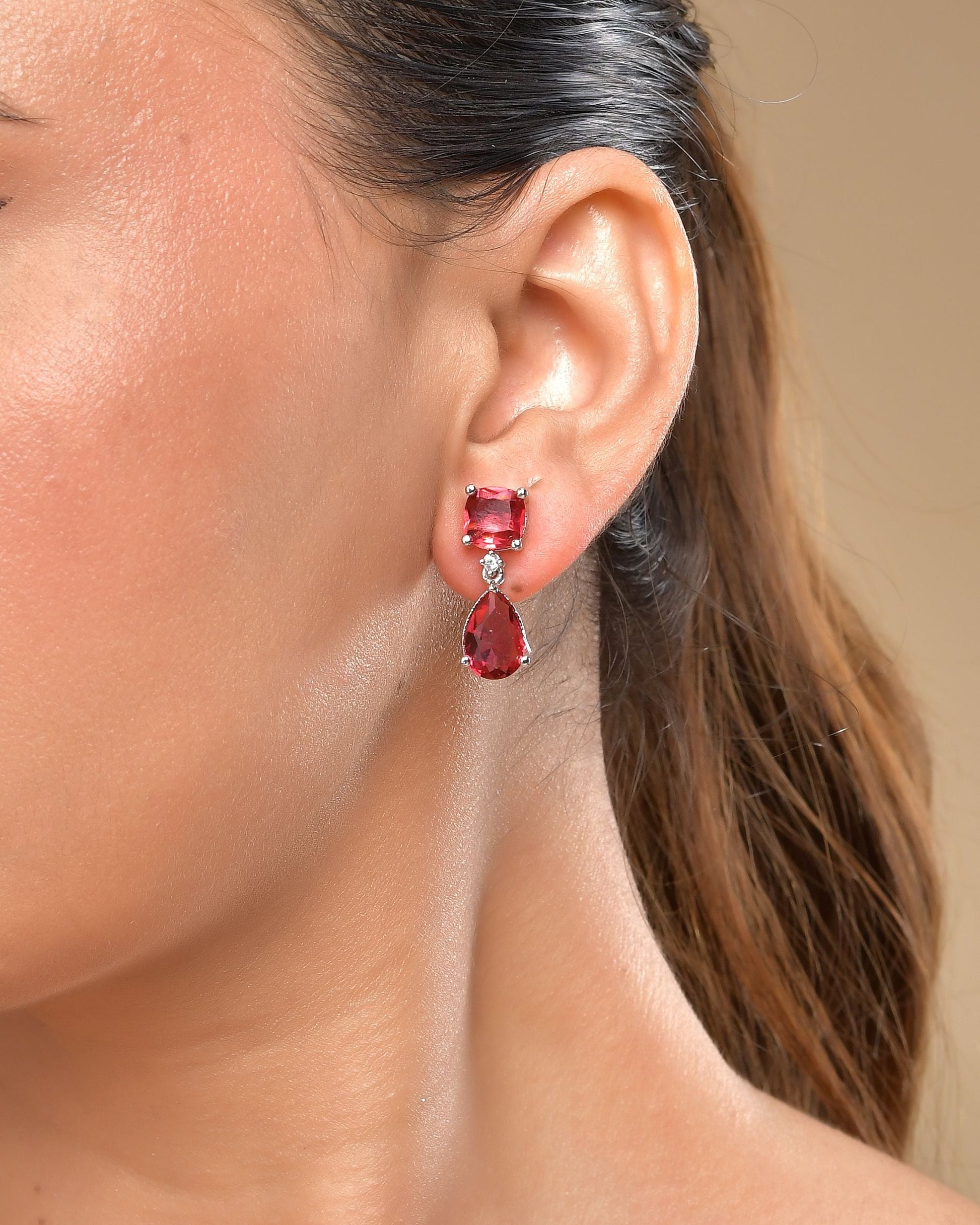 VOJ Silver Plated Red Stone Studded Studs Earrings - Swadesiicart