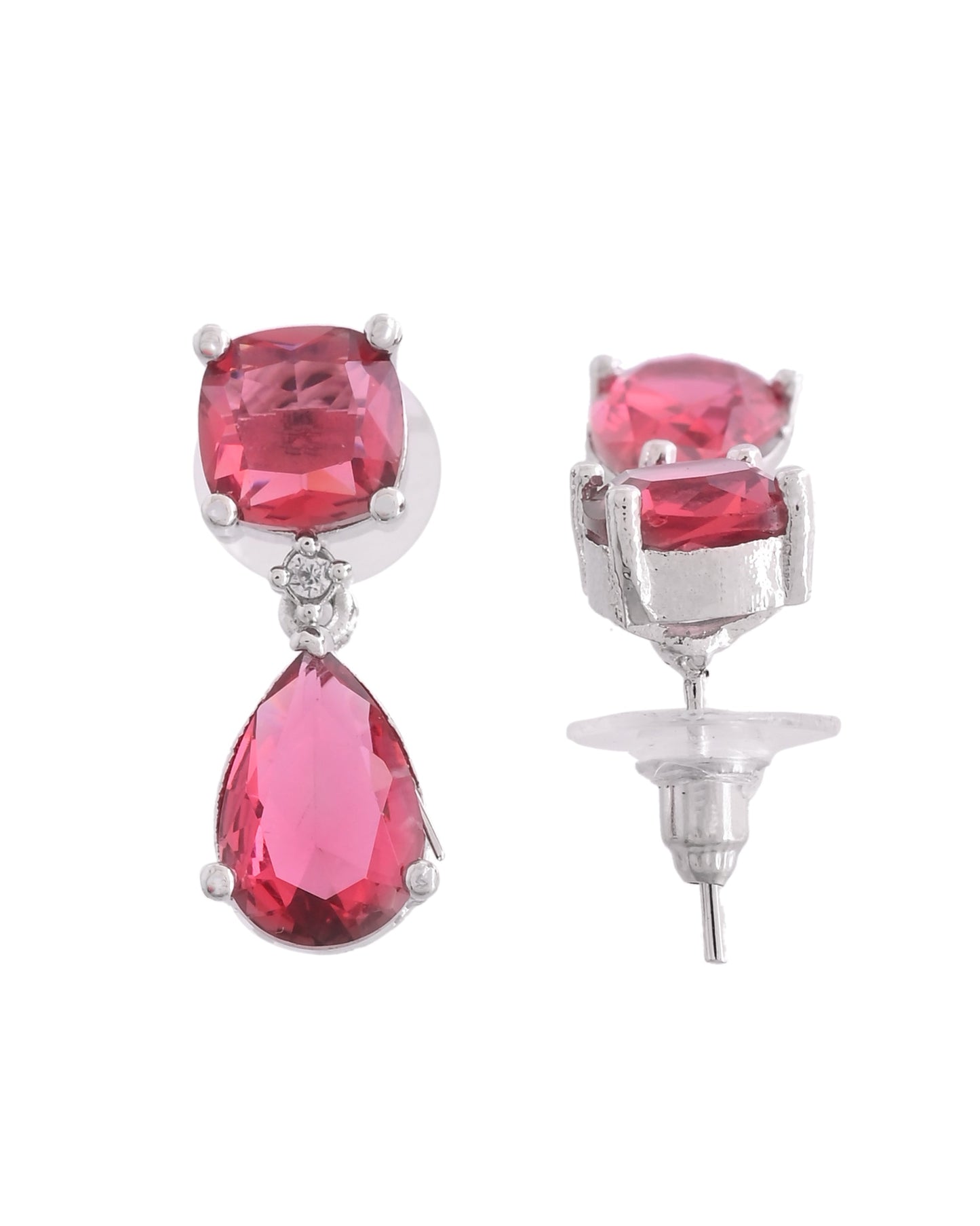 VOJ Silver Plated Red Stone Studded Studs Earrings - Swadesiicart