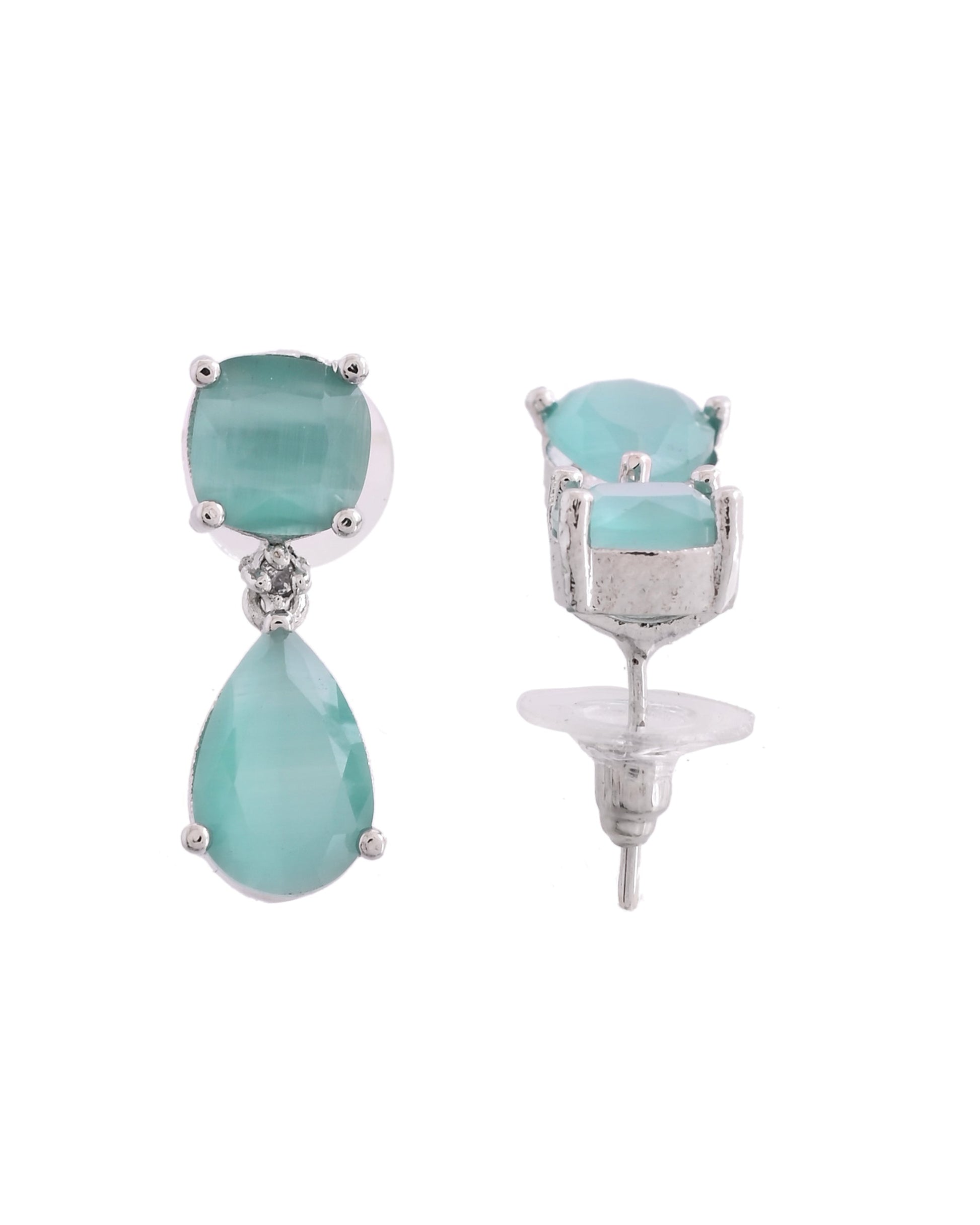 VOJ Silver Plated Sea Green Stone Studded Studs Earrings - Swadesiicart