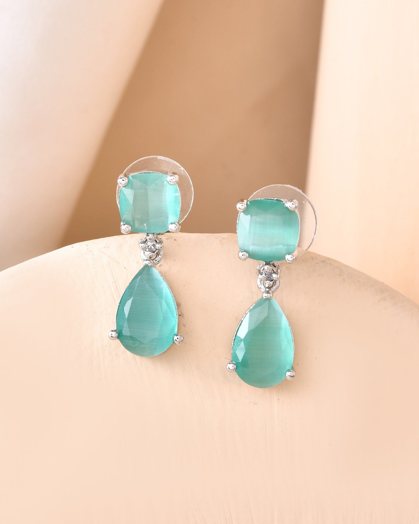 VOJ Silver Plated Sea Green Stone Studded Studs Earrings - Swadesiicart