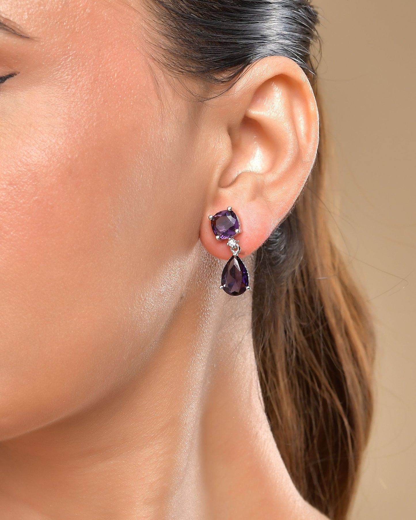 VOJ Silver Plated Purple Stone Studded Studs Earrings - Swadesiicart