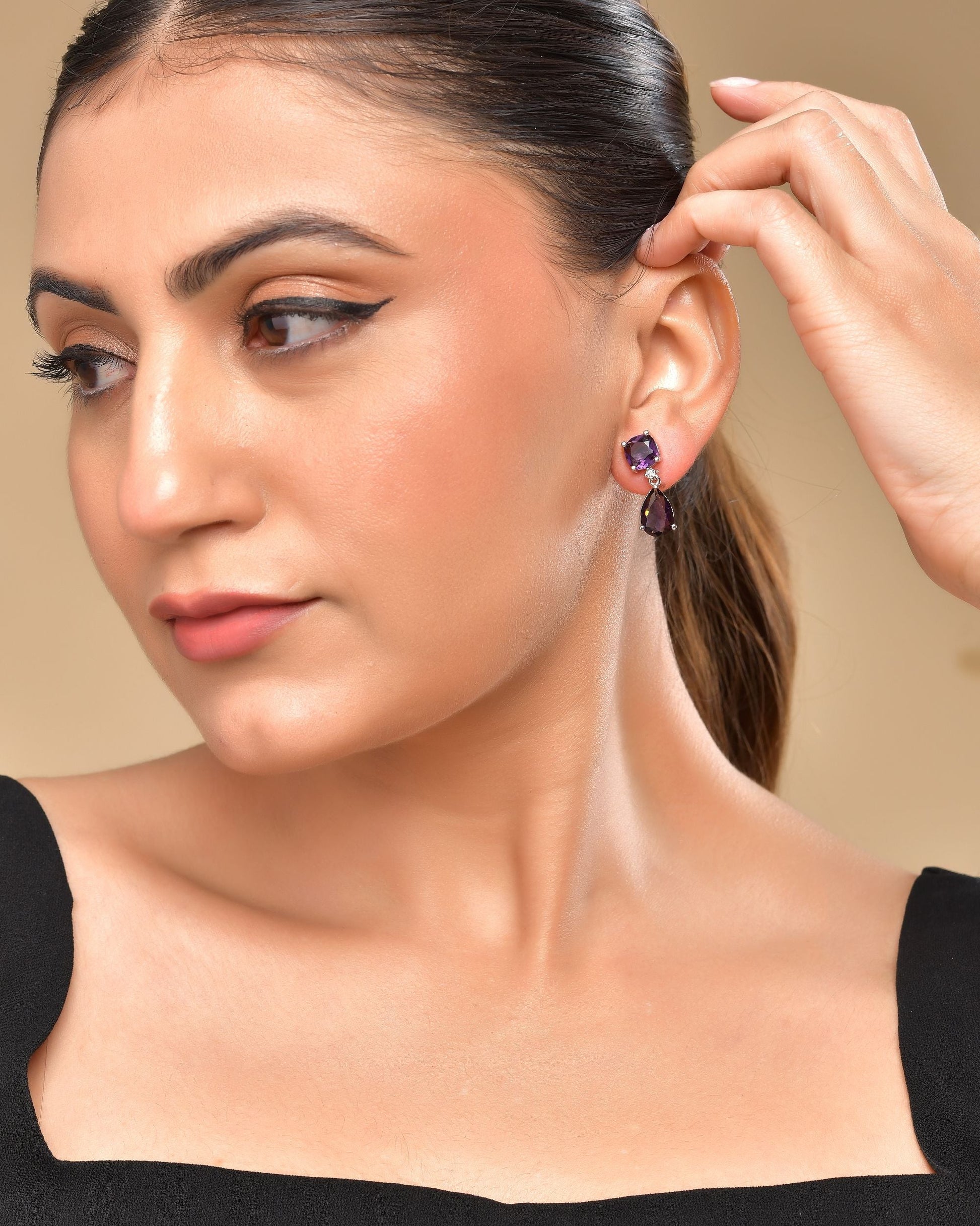 VOJ Silver Plated Purple Stone Studded Studs Earrings - Swadesiicart