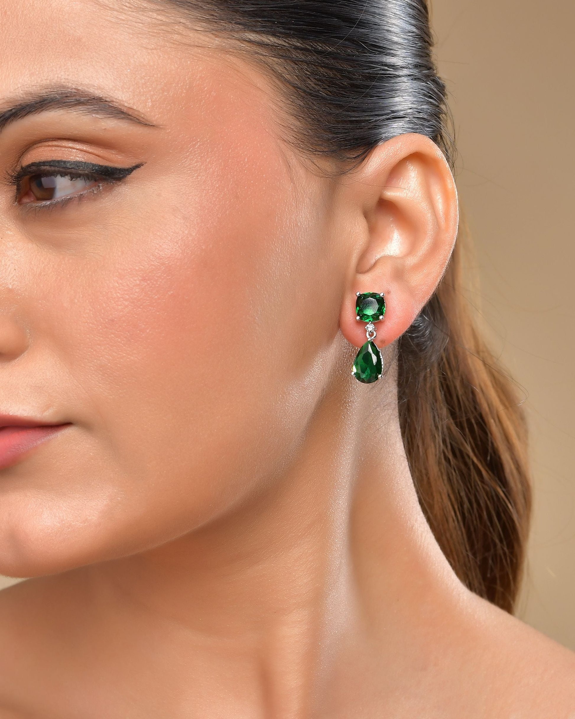 VOJ Silver Plated Green Stone Studded Studs Earrings - Swadesiicart