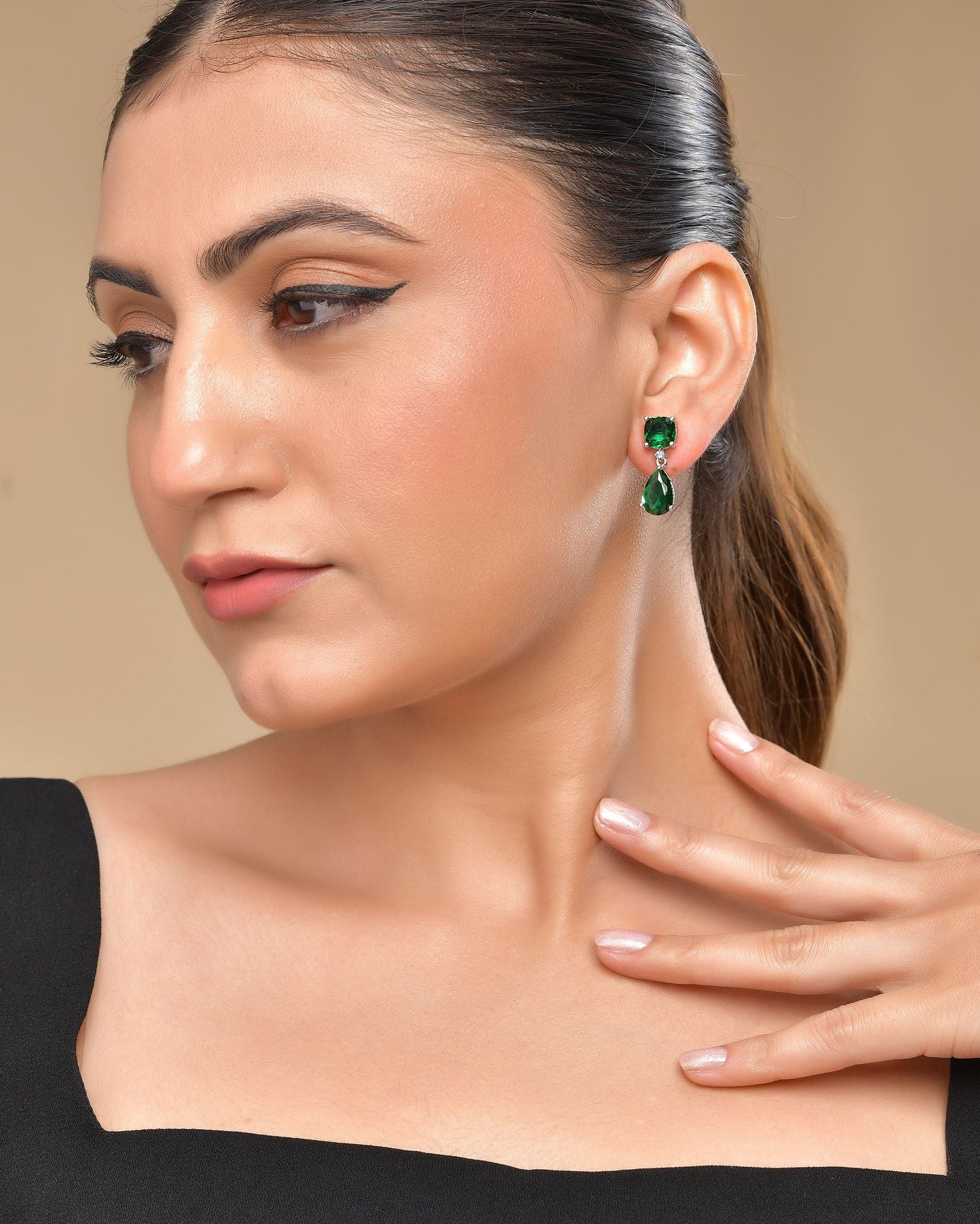 VOJ Silver Plated Green Stone Studded Studs Earrings - Swadesiicart