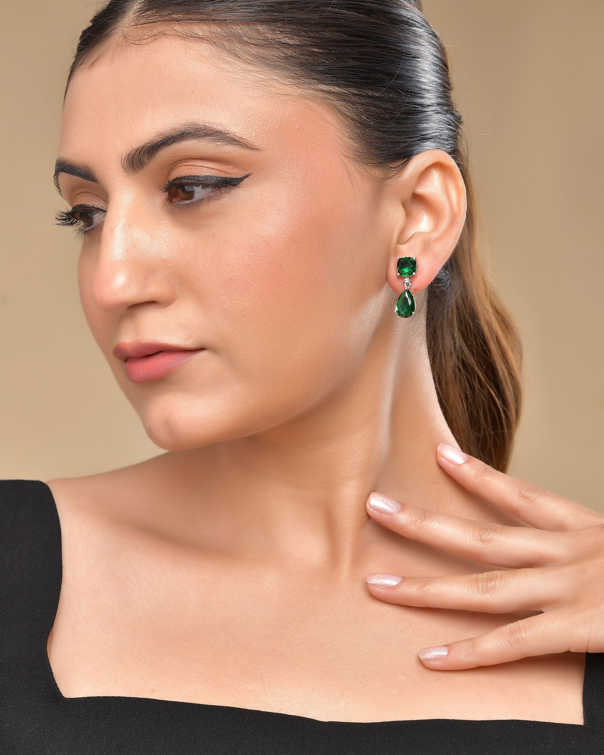 VOJ Silver Plated Green Stone Studded Studs Earrings - Swadesiicart