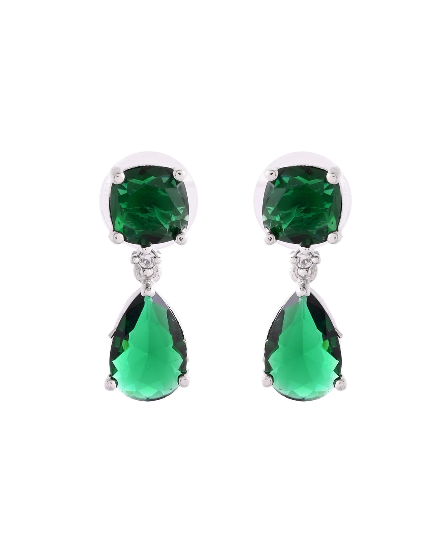VOJ Silver Plated Green Stone Studded Studs Earrings - Swadesiicart