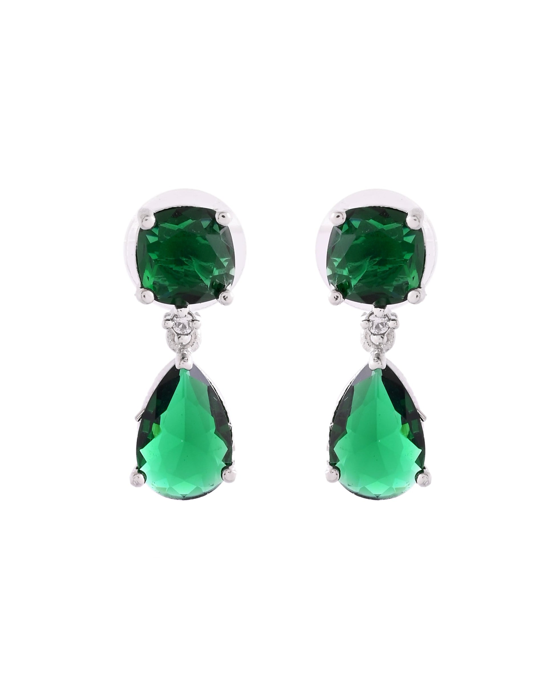 VOJ Silver Plated Green Stone Studded Studs Earrings - Swadesiicart