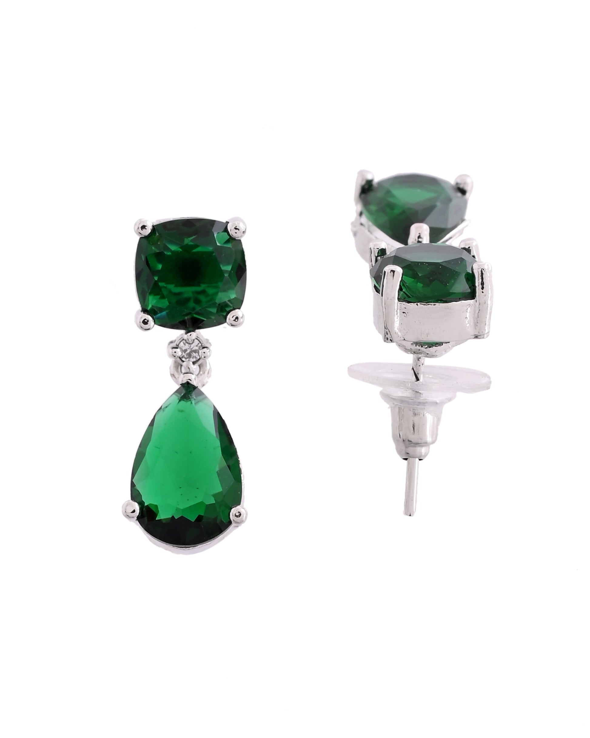 VOJ Silver Plated Green Stone Studded Studs Earrings - Swadesiicart