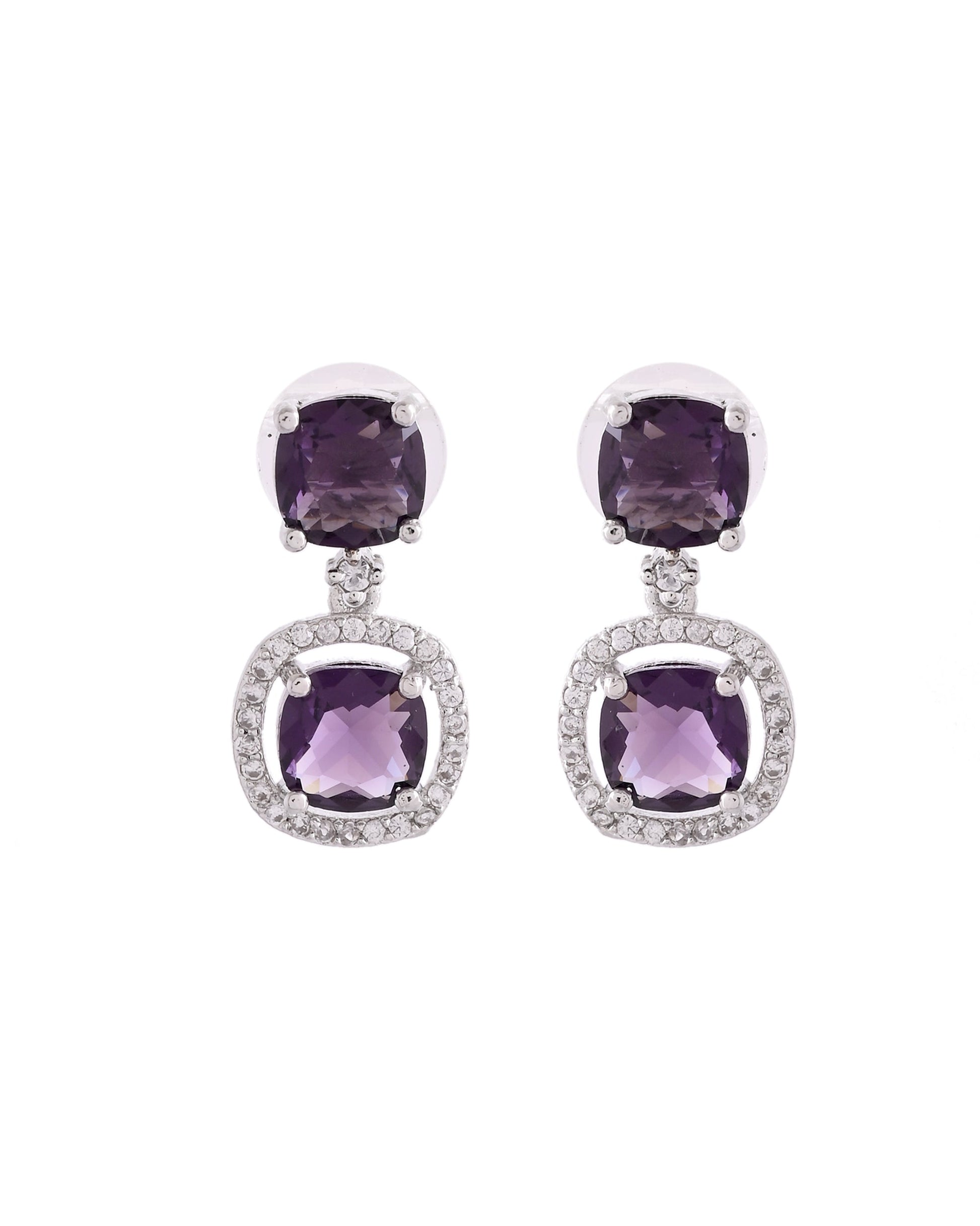 VOJ Silver Plated Purple Stone Geometrical Shaped Earrings - Swadesiicart