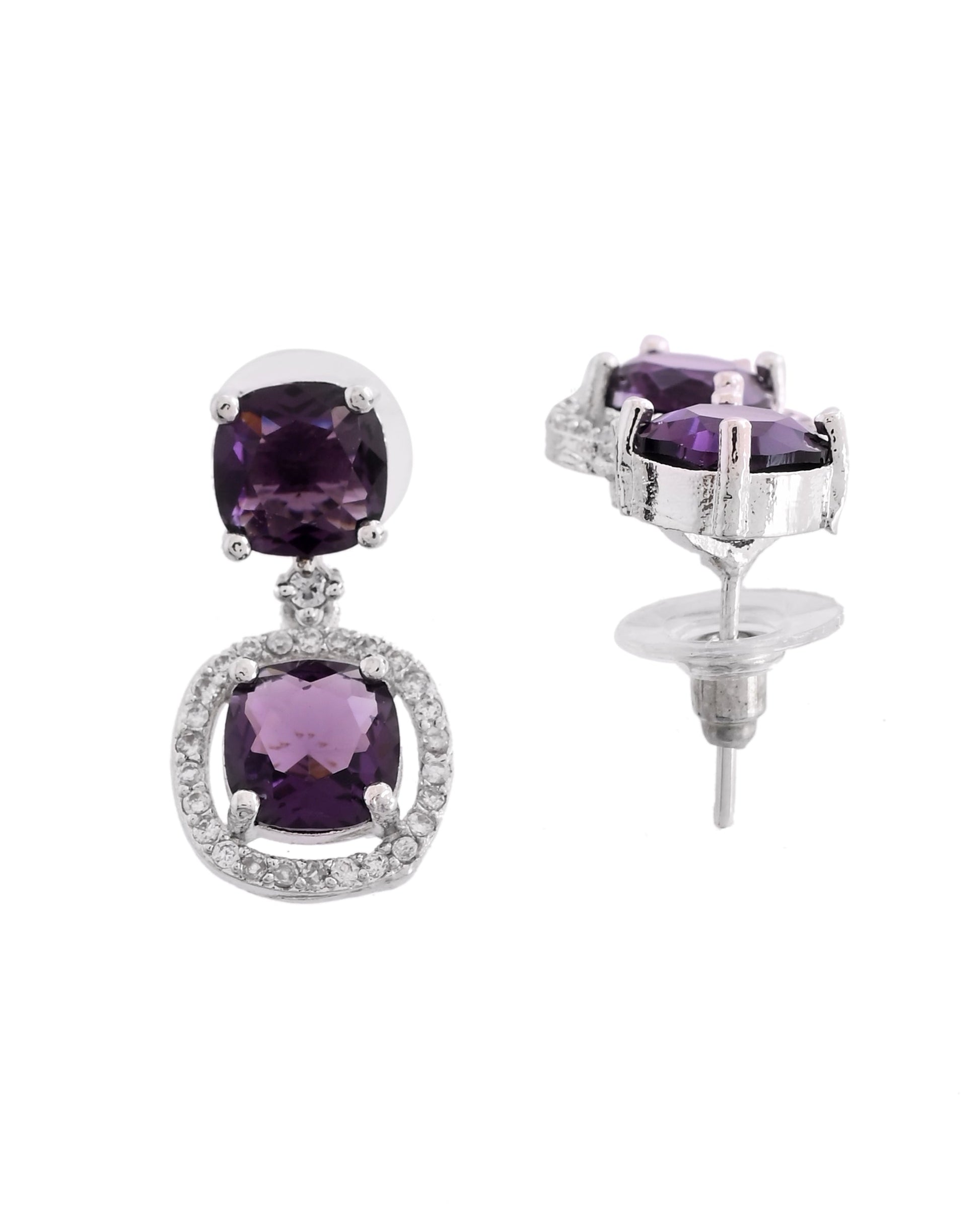VOJ Silver Plated Purple Stone Geometrical Shaped Earrings - Swadesiicart