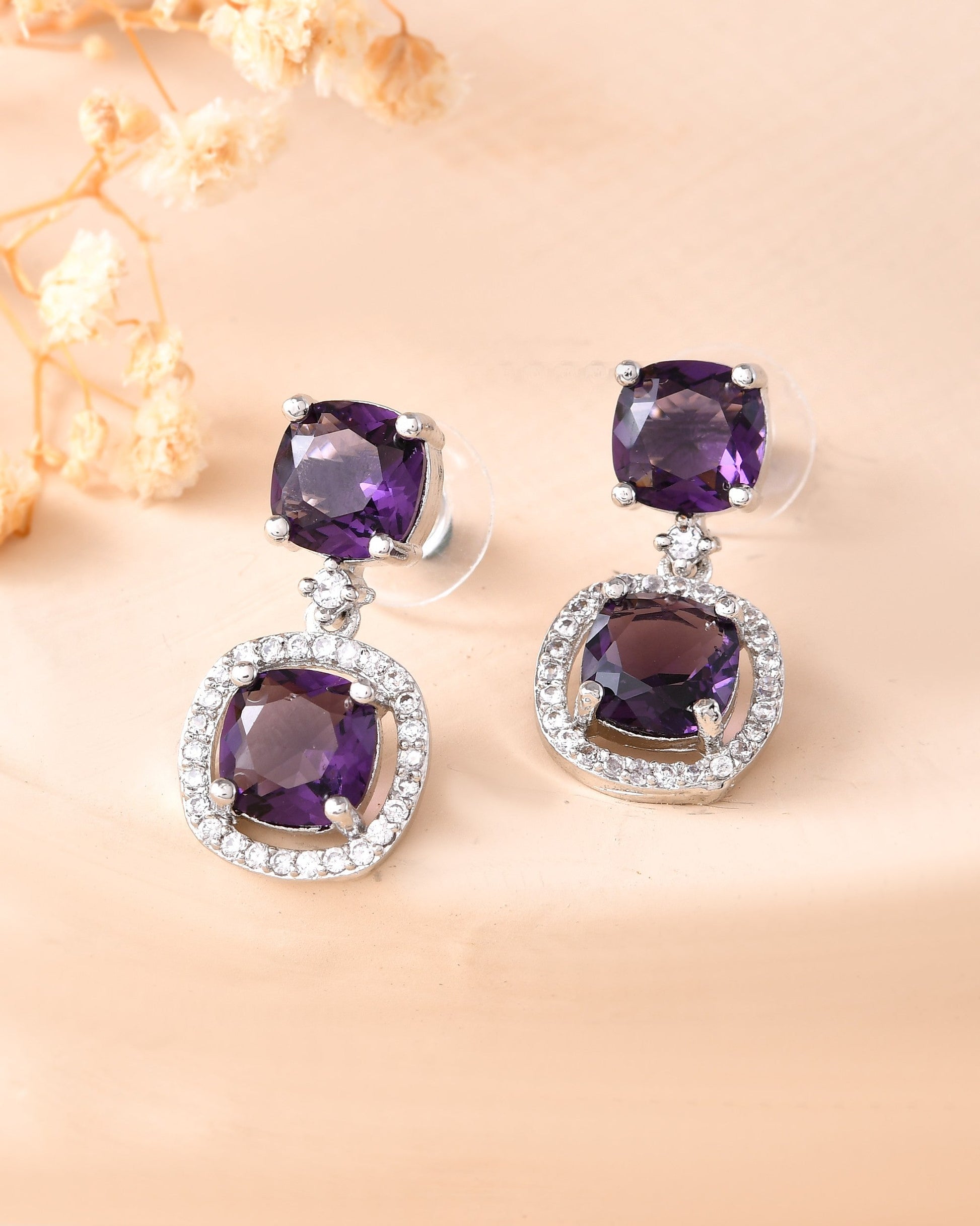 VOJ Silver Plated Purple Stone Geometrical Shaped Earrings - Swadesiicart