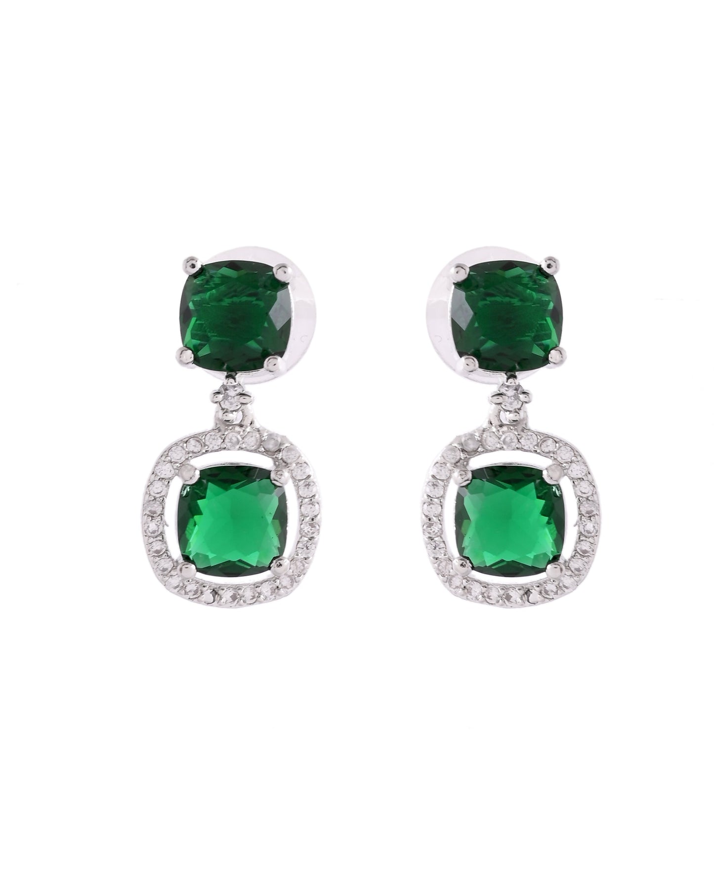 VOJ Silver Plated Green Stone Geometrical Shaped Earrings - Swadesiicart