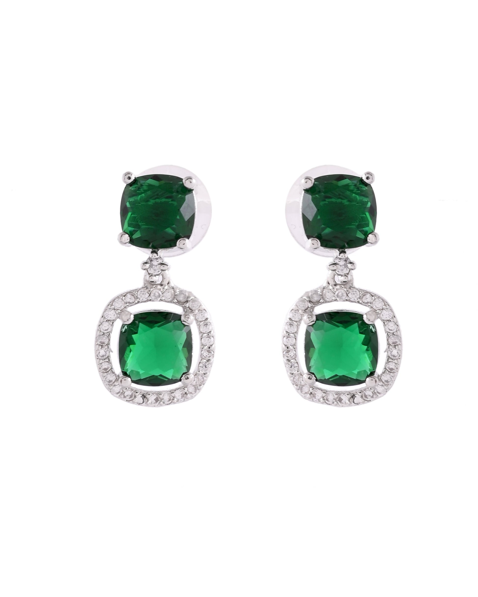 VOJ Silver Plated Green Stone Geometrical Shaped Earrings - Swadesiicart