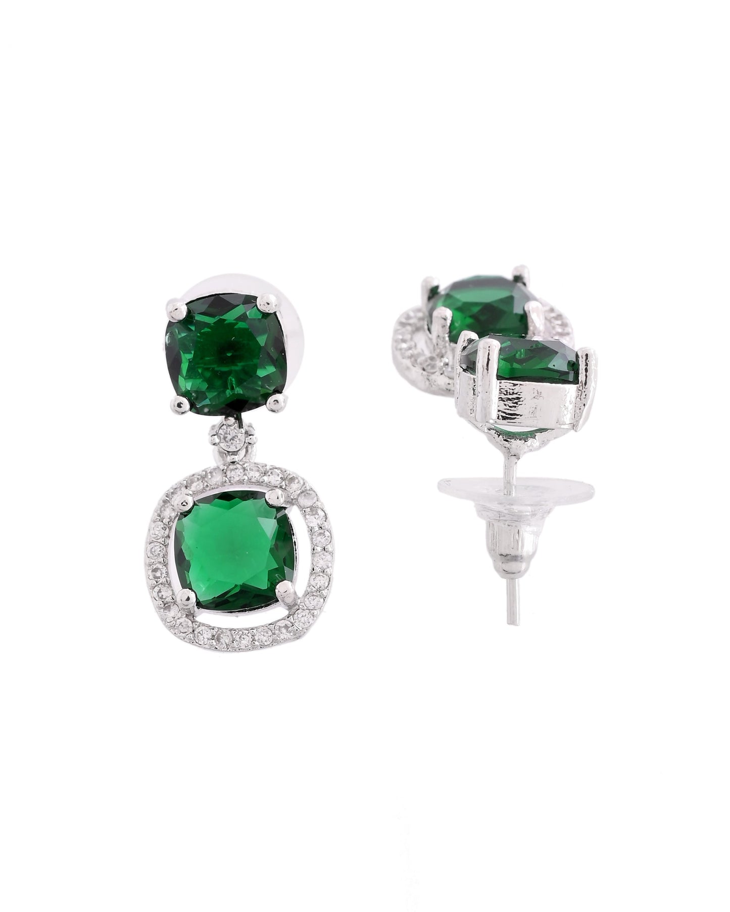 VOJ Silver Plated Green Stone Geometrical Shaped Earrings - Swadesiicart