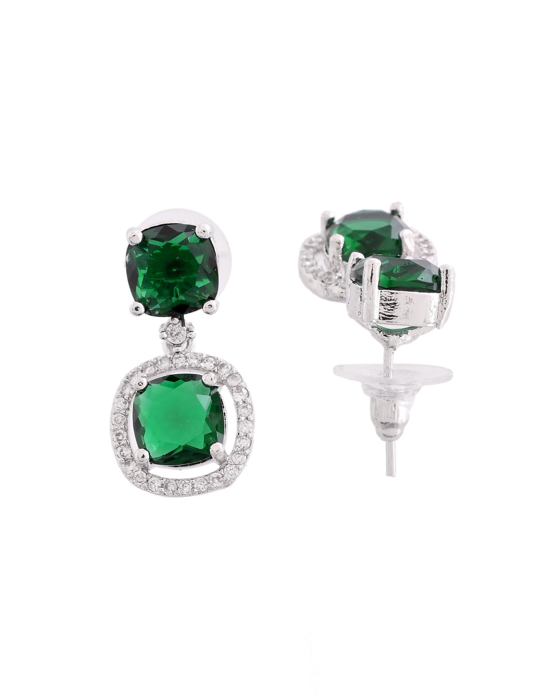 VOJ Silver Plated Green Stone Geometrical Shaped Earrings - Swadesiicart