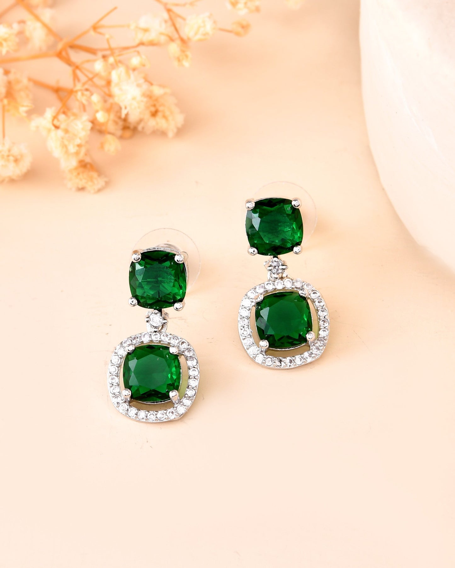 VOJ Silver Plated Green Stone Geometrical Shaped Earrings - Swadesiicart