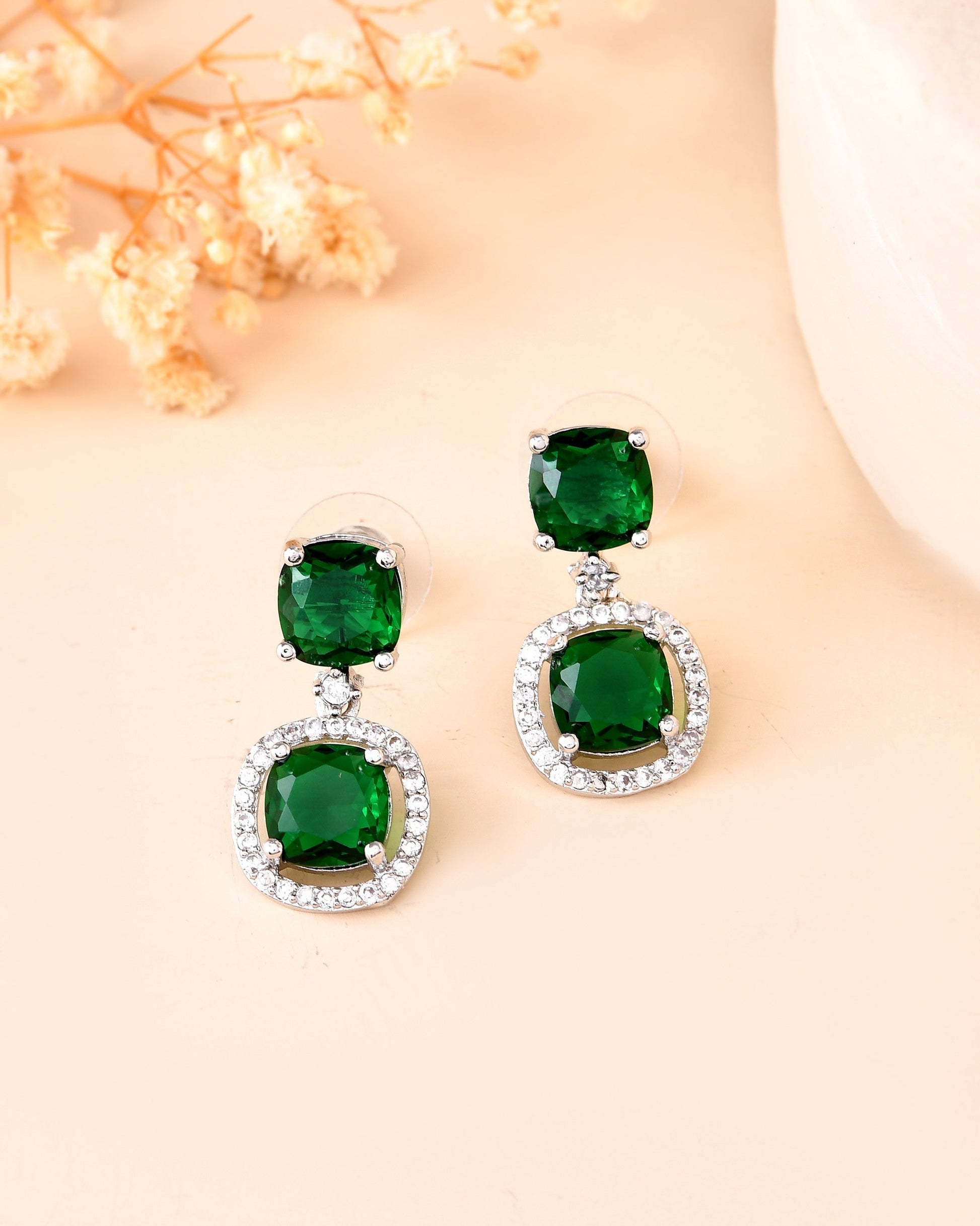VOJ Silver Plated Green Stone Geometrical Shaped Earrings - Swadesiicart