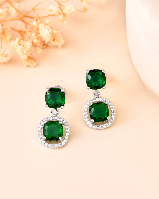 VOJ Silver Plated Green Stone Geometrical Shaped Earrings - Swadesiicart