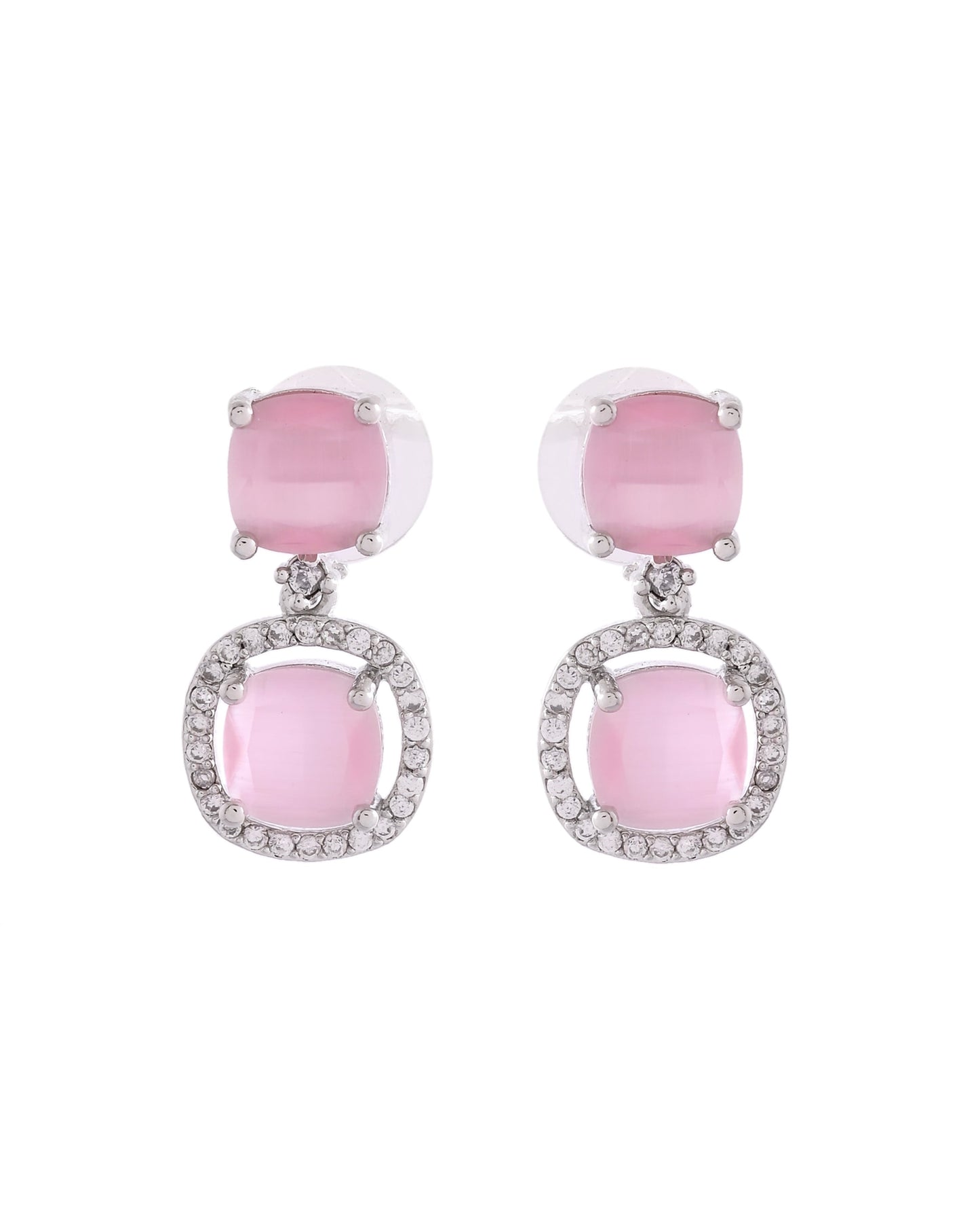 VOJ Silver Plated Baby Pink Stone Geometrical Shaped Earrings - Swadesiicart