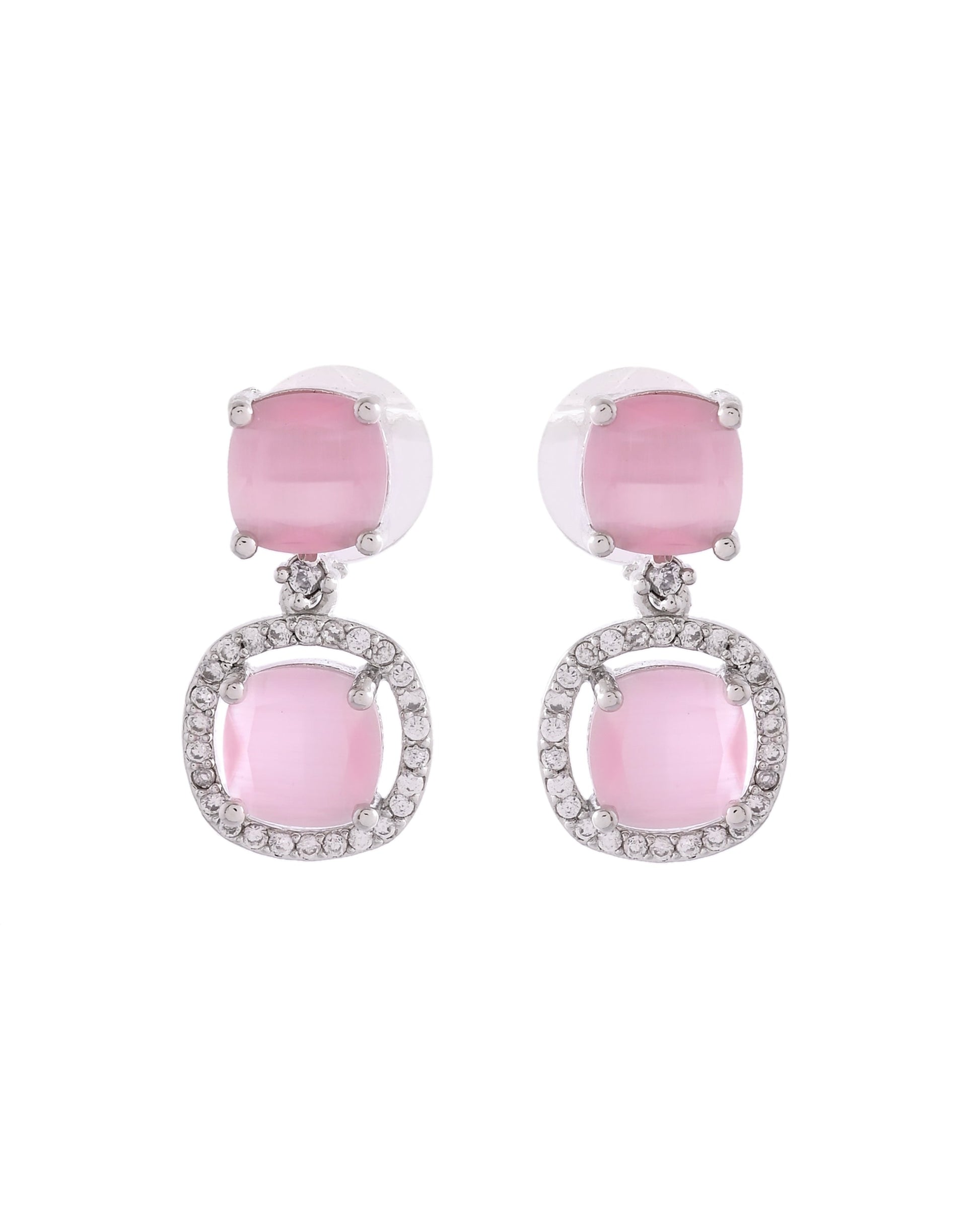 VOJ Silver Plated Baby Pink Stone Geometrical Shaped Earrings - Swadesiicart