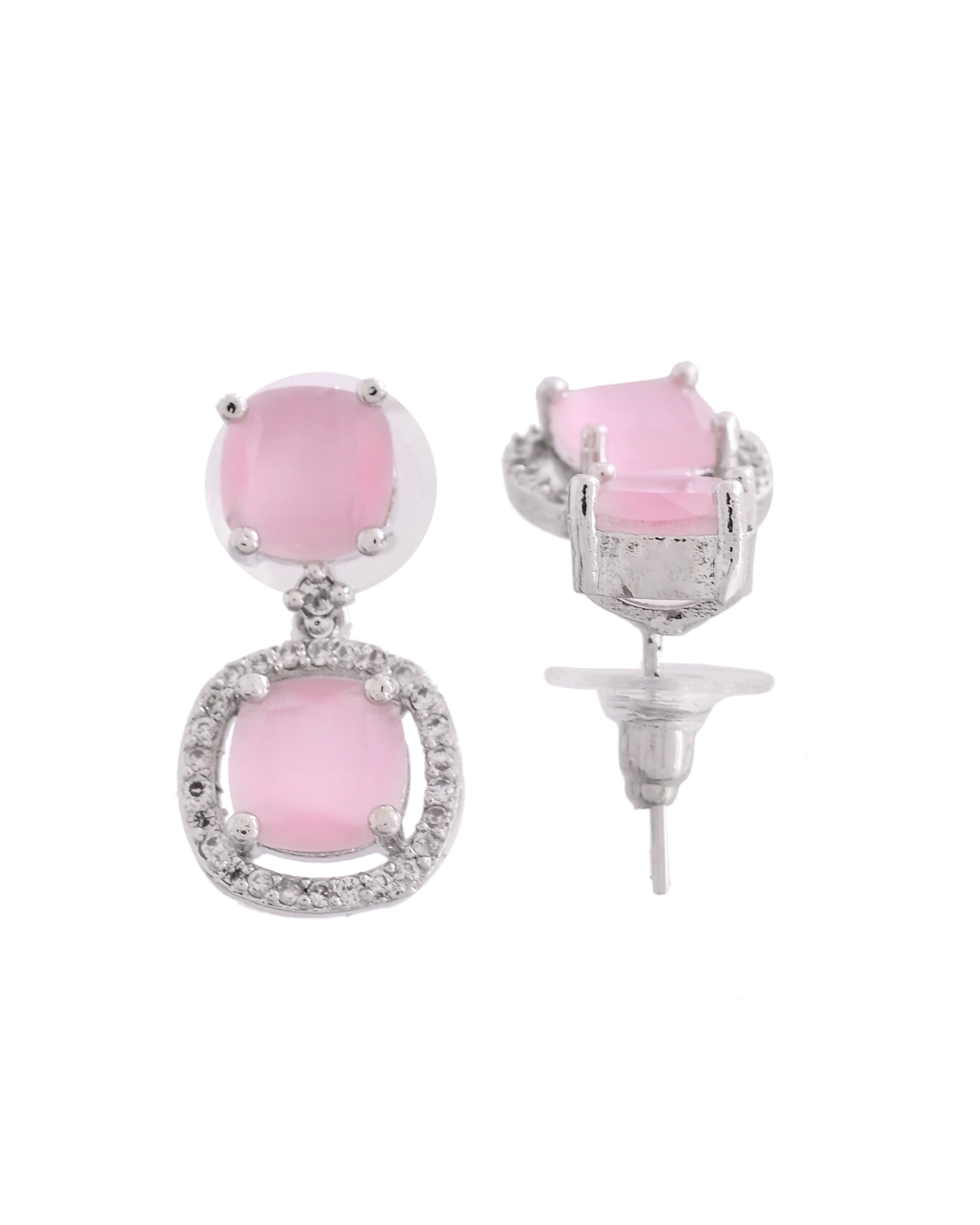 VOJ Silver Plated Baby Pink Stone Geometrical Shaped Earrings - Swadesiicart