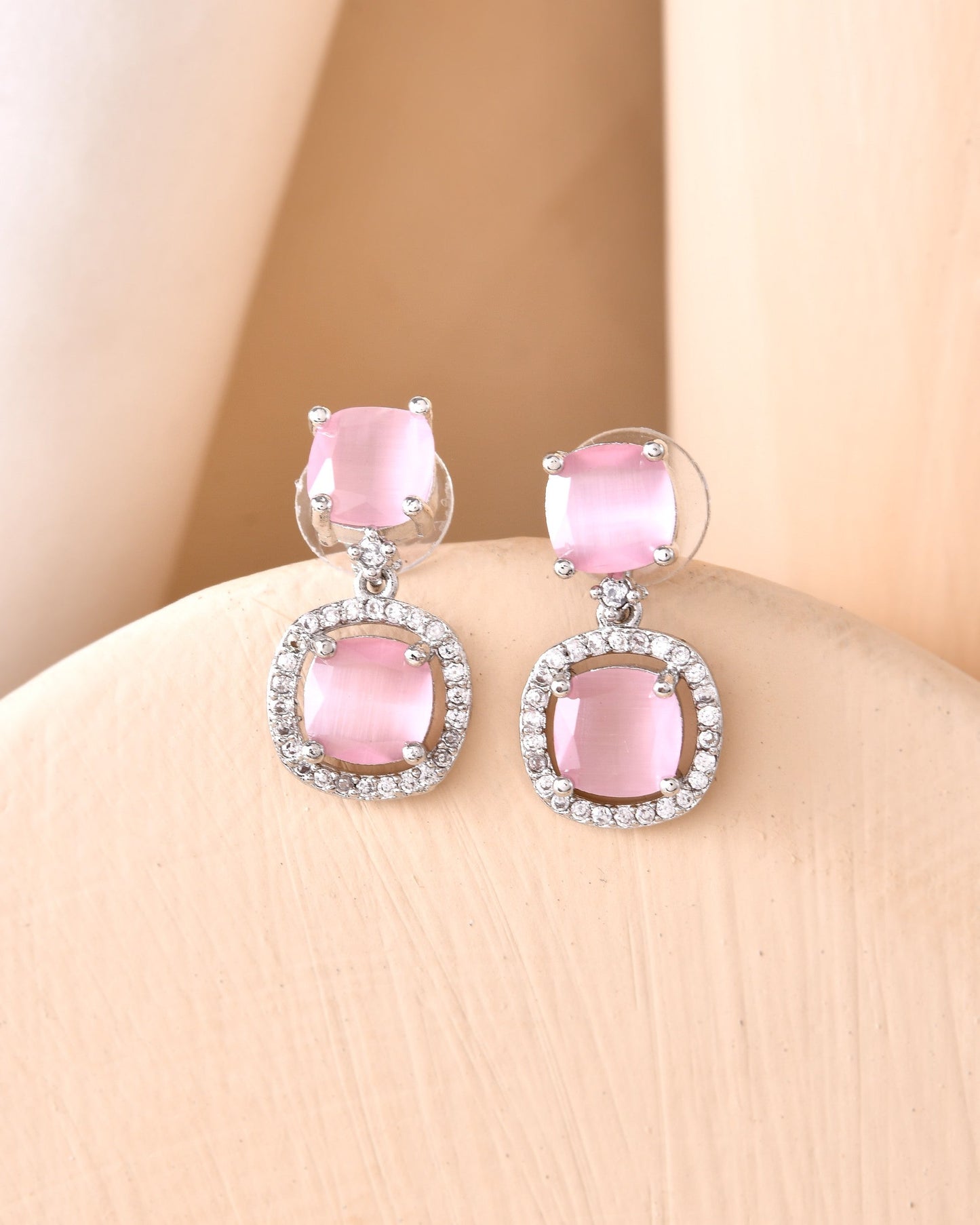VOJ Silver Plated Baby Pink Stone Geometrical Shaped Earrings - Swadesiicart
