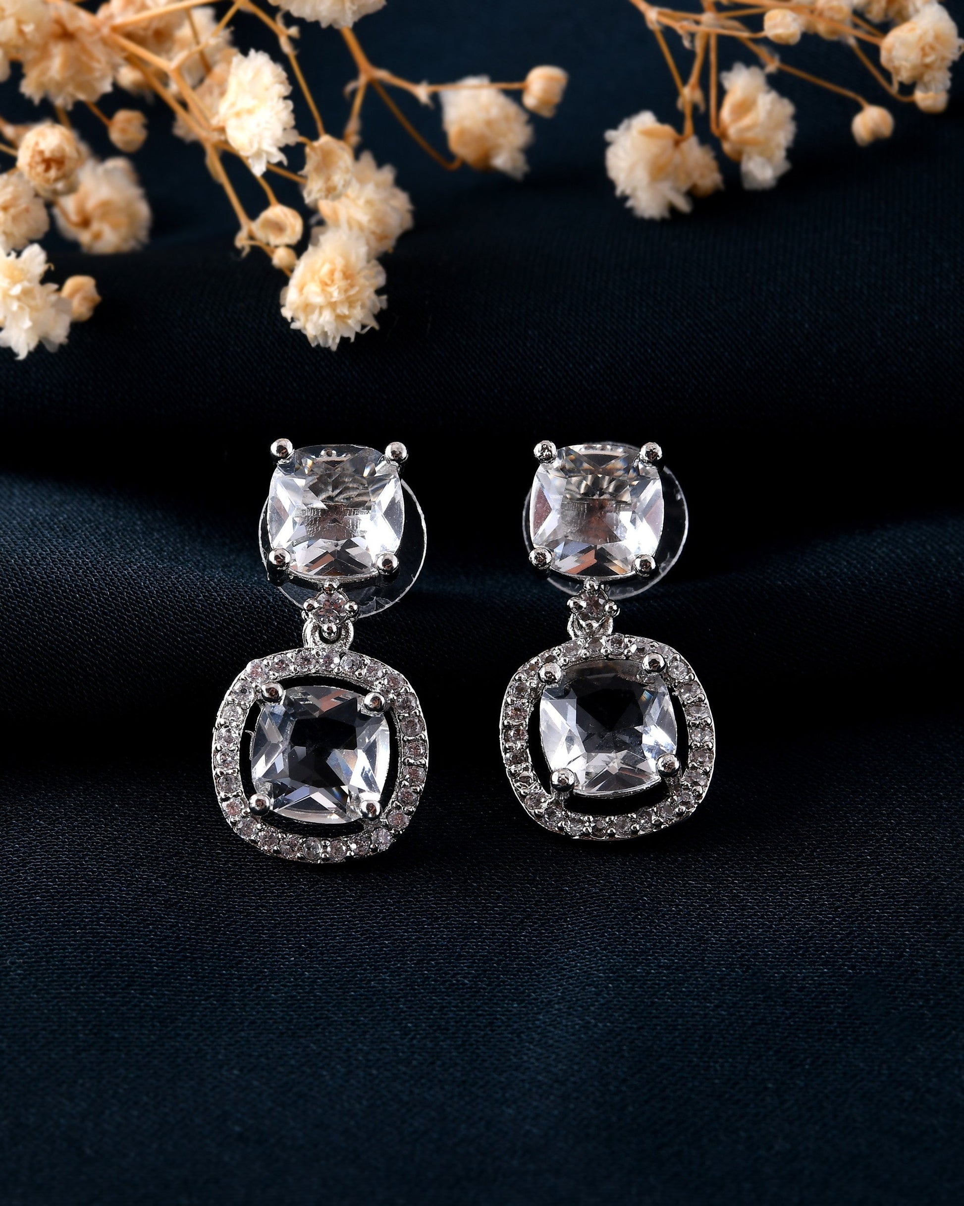 VOJ Silver Plated Stone Geometrical Shaped Earrings - Swadesiicart