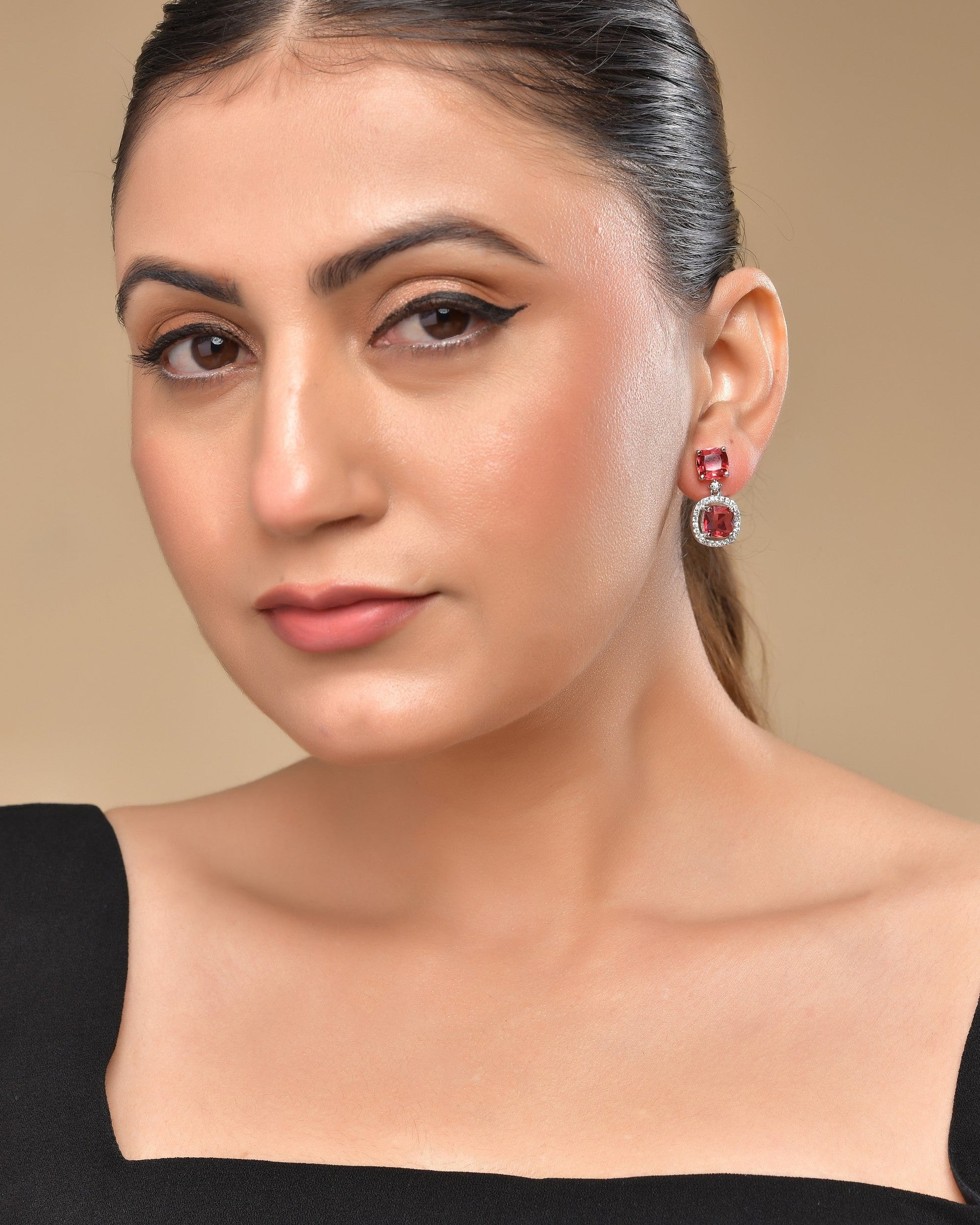 VOJ Silver Plated Red Stone Geometrical Shaped Earrings - Swadesiicart