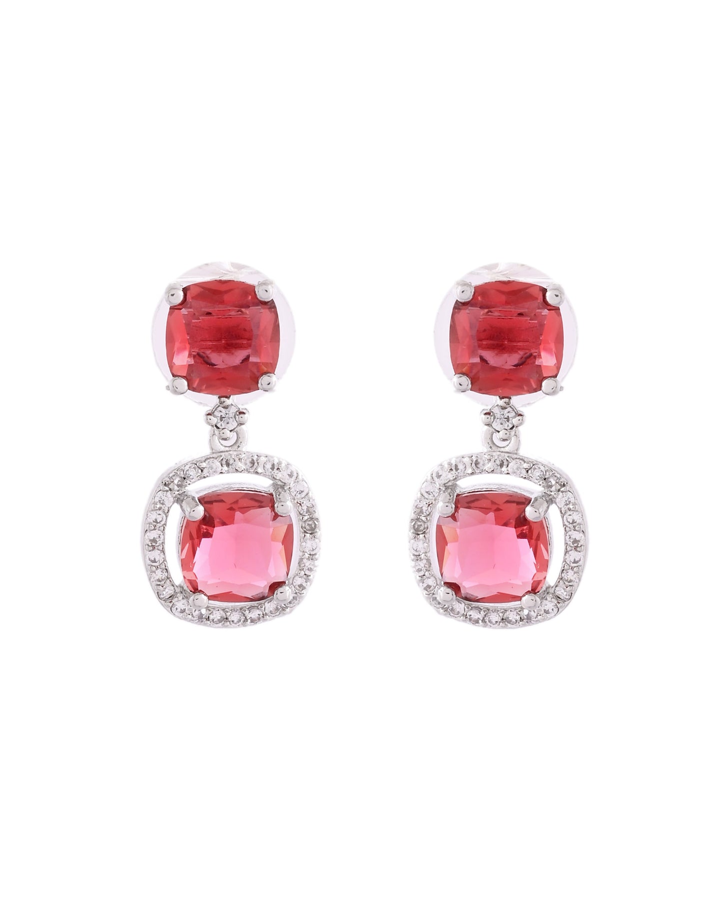 VOJ Silver Plated Red Stone Geometrical Shaped Earrings - Swadesiicart