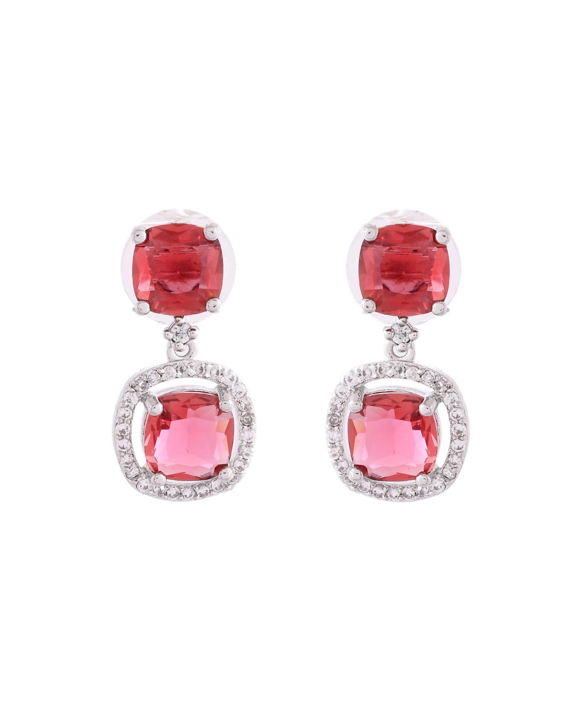 VOJ Silver Plated Red Stone Geometrical Shaped Earrings - Swadesiicart