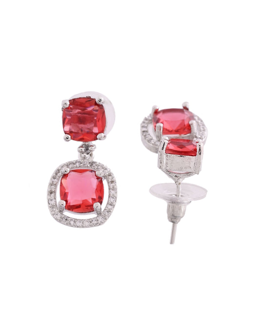 VOJ Silver Plated Red Stone Geometrical Shaped Earrings - Swadesiicart