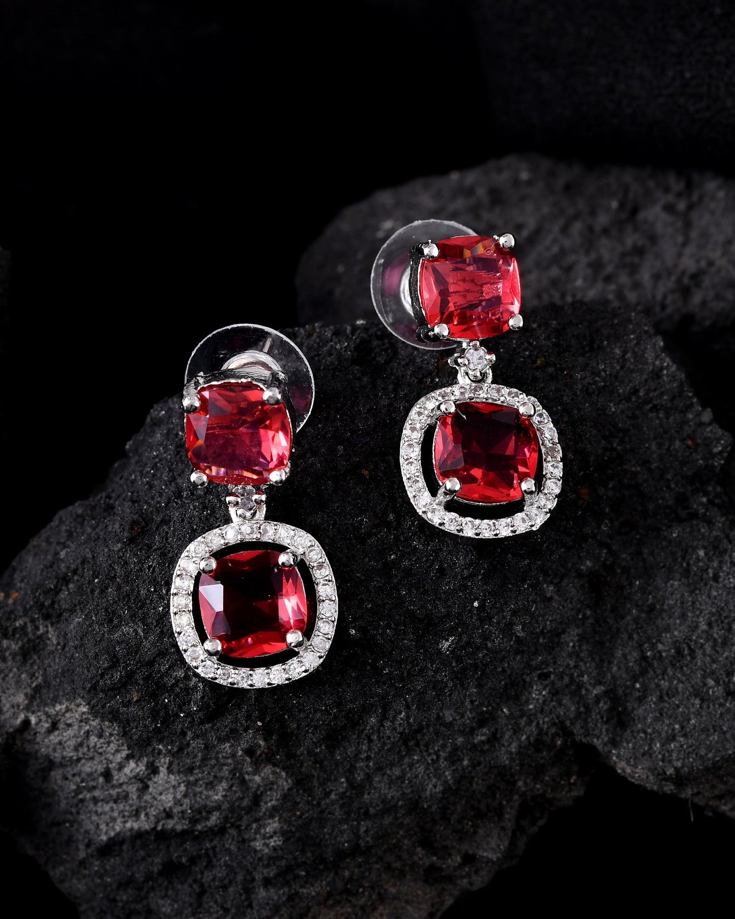 VOJ Silver Plated Red Stone Geometrical Shaped Earrings - Swadesiicart