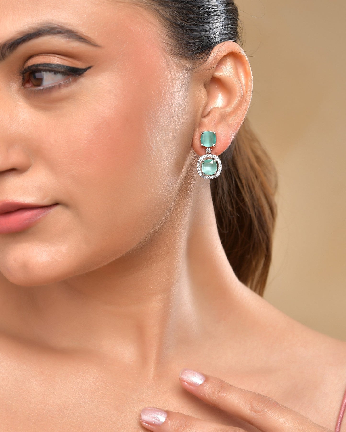 VOJ Silver Plated Sea Green Stone Geometrical Shaped Earrings - Swadesiicart